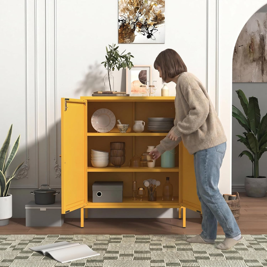 Lockable Metal Storage Cabinet Double Door Metal Cabinet Home Decor Cabinet with Adjustable Shelves Coffee Bar Cabinet Suitable for Living Room and Dining room Yellow : 13.8'D x 31.5'W x 36'H