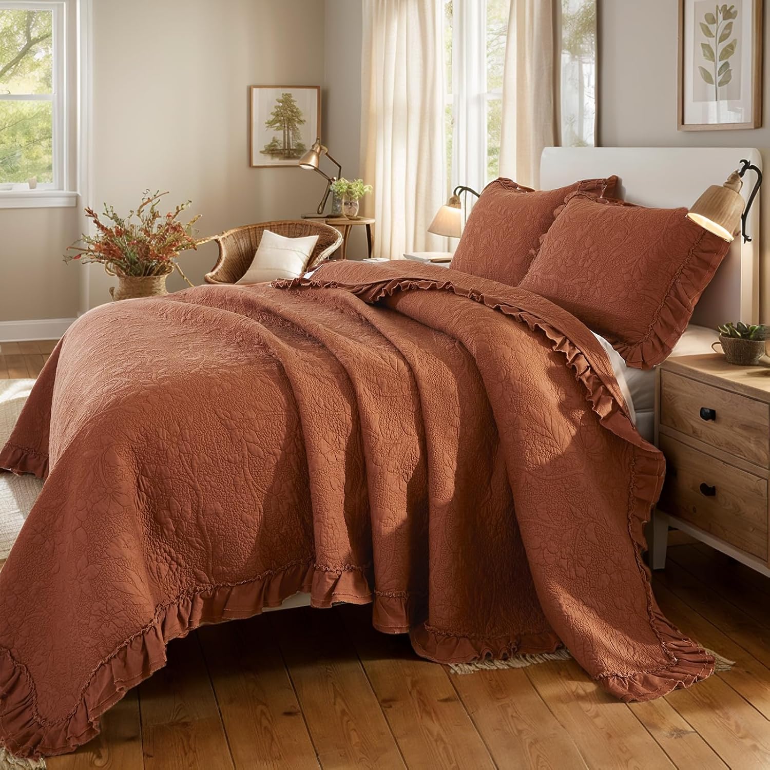 Brandream Queen Size Quilt Set Cotton Burnt Orange Vintage Farmhouse Quilted Comforter Set Luxury Ruffle Bedspreads 3-Piece