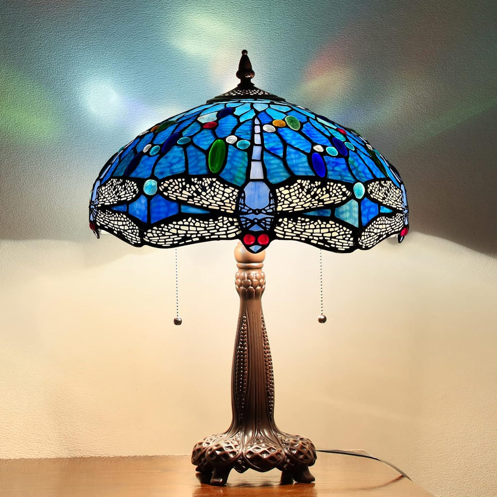 Capulina Tiffany Lamp Stained Glass Table Lamp 2-Light 16X16X24 Inches Blue Dragonfly Tiffany Style Desk Lamp for Bedrooms Living Room Study Office