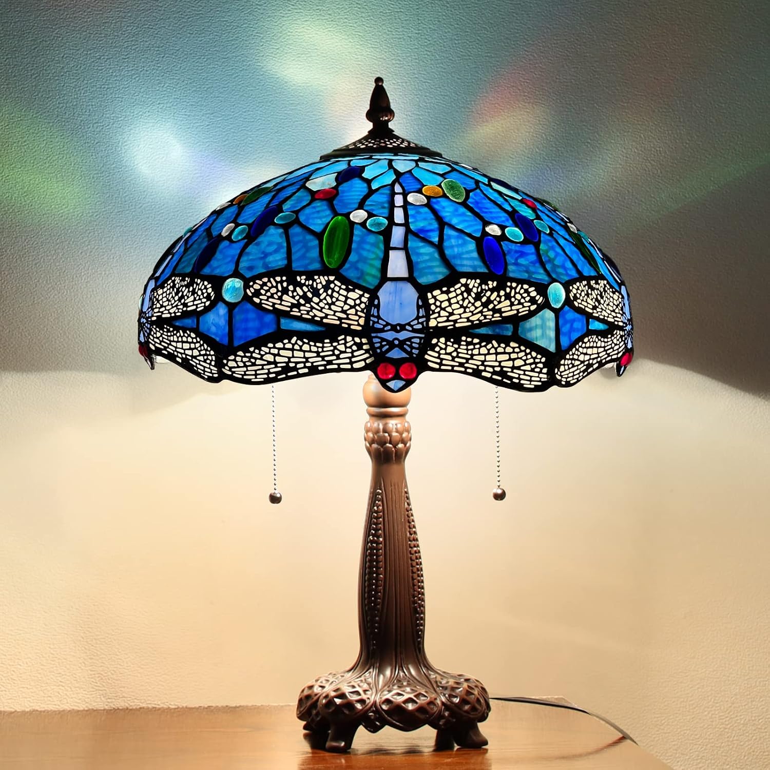 Capulina Tiffany Lamp Stained Glass Table Lamp 2-Light 16X16X24 Inches Blue Dragonfly Tiffany Style Desk Lamp for Bedrooms Living Room Study Office