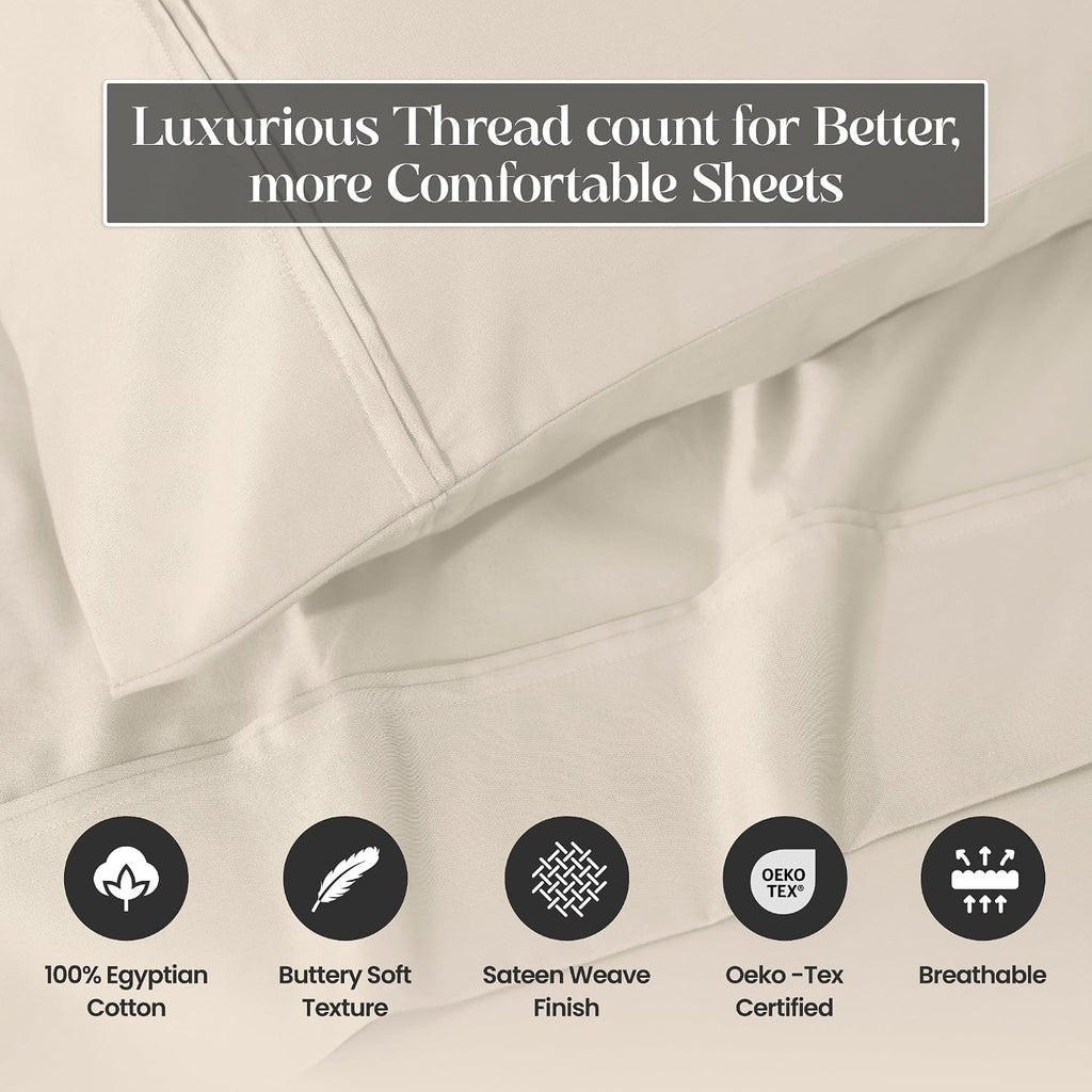 Superior 1200 Thread Count Egyptian Cotton Sheet Set, Bedroom Sheets, Modern Home Essentials, Luxury Bedding, 1 Elastic Deep Pocket Fitted Bed Sheet, 1 Flat Sheet, 2 Pillowcases, King, Ivory