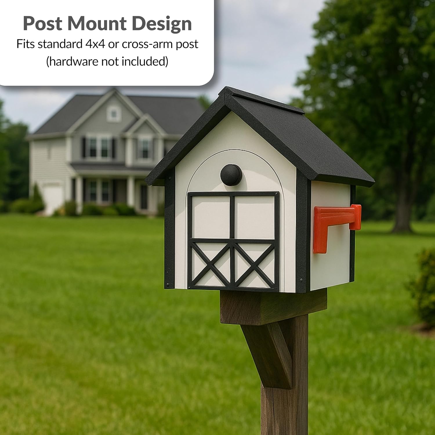 DutchCrafters Large Farmhouse Mailbox, Durable Plastic Barn Mailboxes for Outside, Post Mount Mail Box with Flag, Barnhouse Style - Amish Made in America (Black and Cedar)