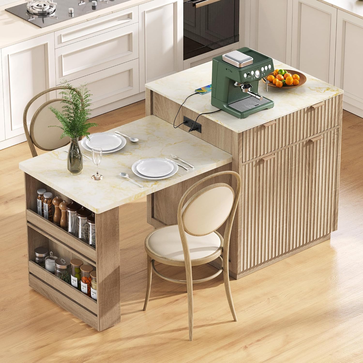 RUNNA 82.6' Fluted Kitchen Island with Extendable Dining Table for 4-6,Island Table for Kitchen with Power Outlet, Kitchen Table with Double-Side Storage, 2 Drawers 2 Side Open Shelves (Natural#18)