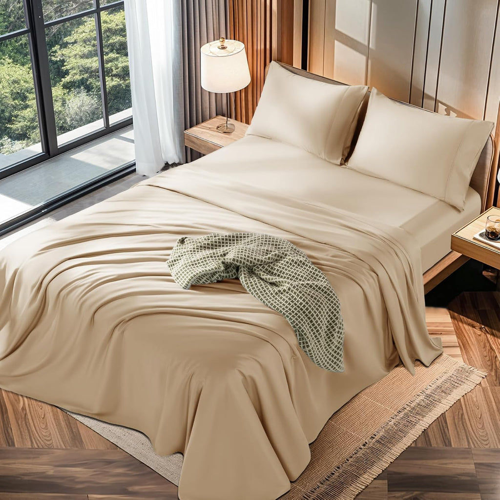 LBRO2M 100% Cotton 1200 Thread Count Queen Size Sheets Set,16 inches Deep Pocket,Bed Sheet 4 Piece Sets (Queen, Cream)
