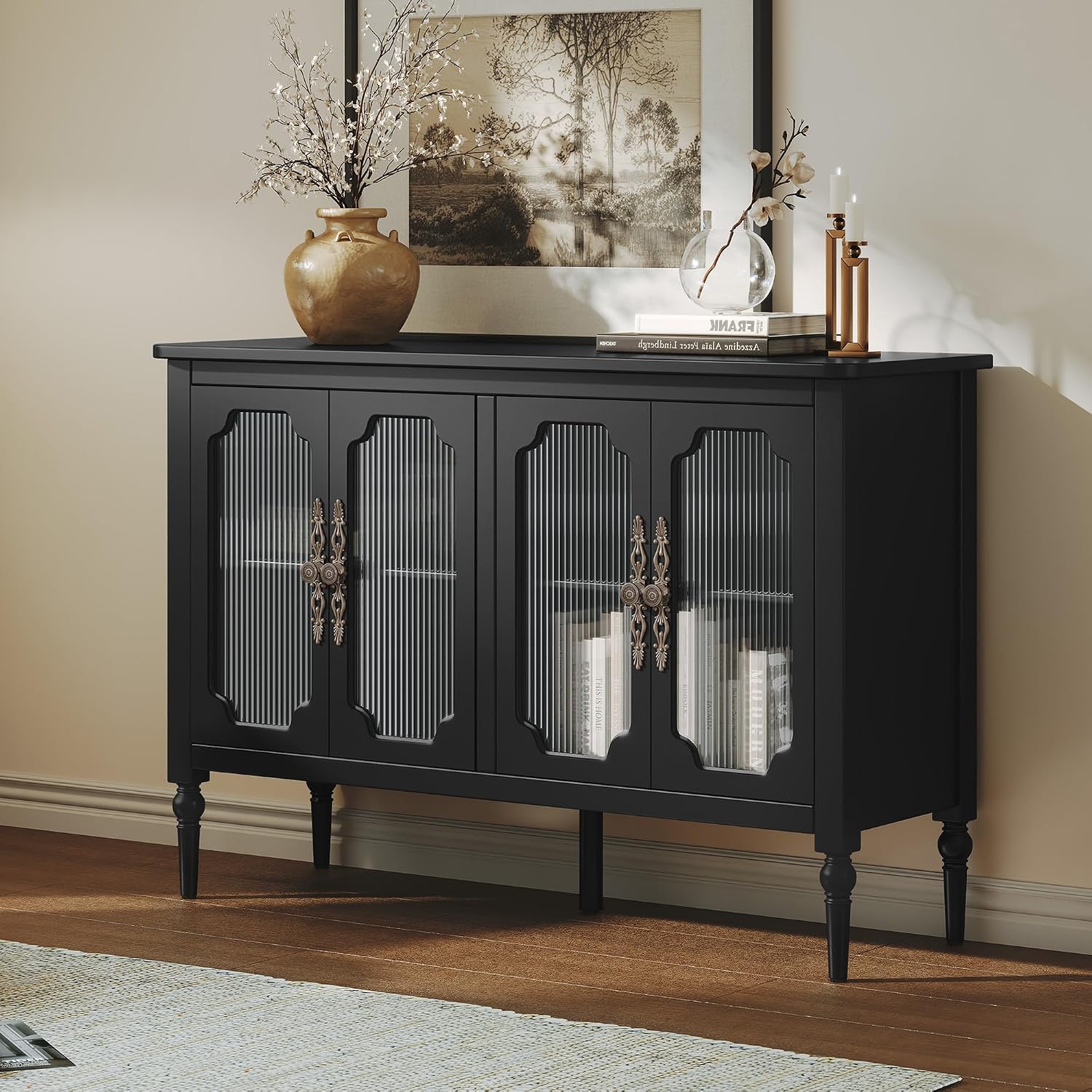 Vintage Buffet Sideboard with 4 Glass Doors, 48' Mid Century Style Storage Cabinet with Shelves, Deractive Crezada, Black Accent Cabinet for Living Room, Kitchen