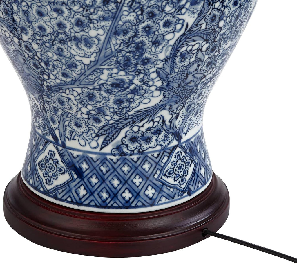 Barnes and Ivy Shonna Asian Chinese Ginger Jar Table Lamp 27' Tall Porcelain Blue White Bird and Branch Bell Shade Decor for Living Room Bedroom House Bedside Nightstand Home Office Entryway