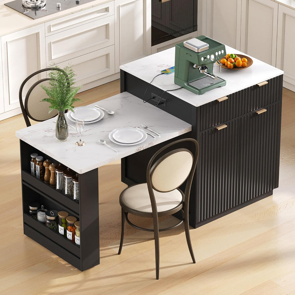 RUNNA 82.6' Fluted Kitchen Island with Extendable Dining Table for 4-6,Island Table for Kitchen with Power Outlet, Kitchen Table with Double-Side Storage, 2 Drawers 2 Side Open Shelves (Black#18)