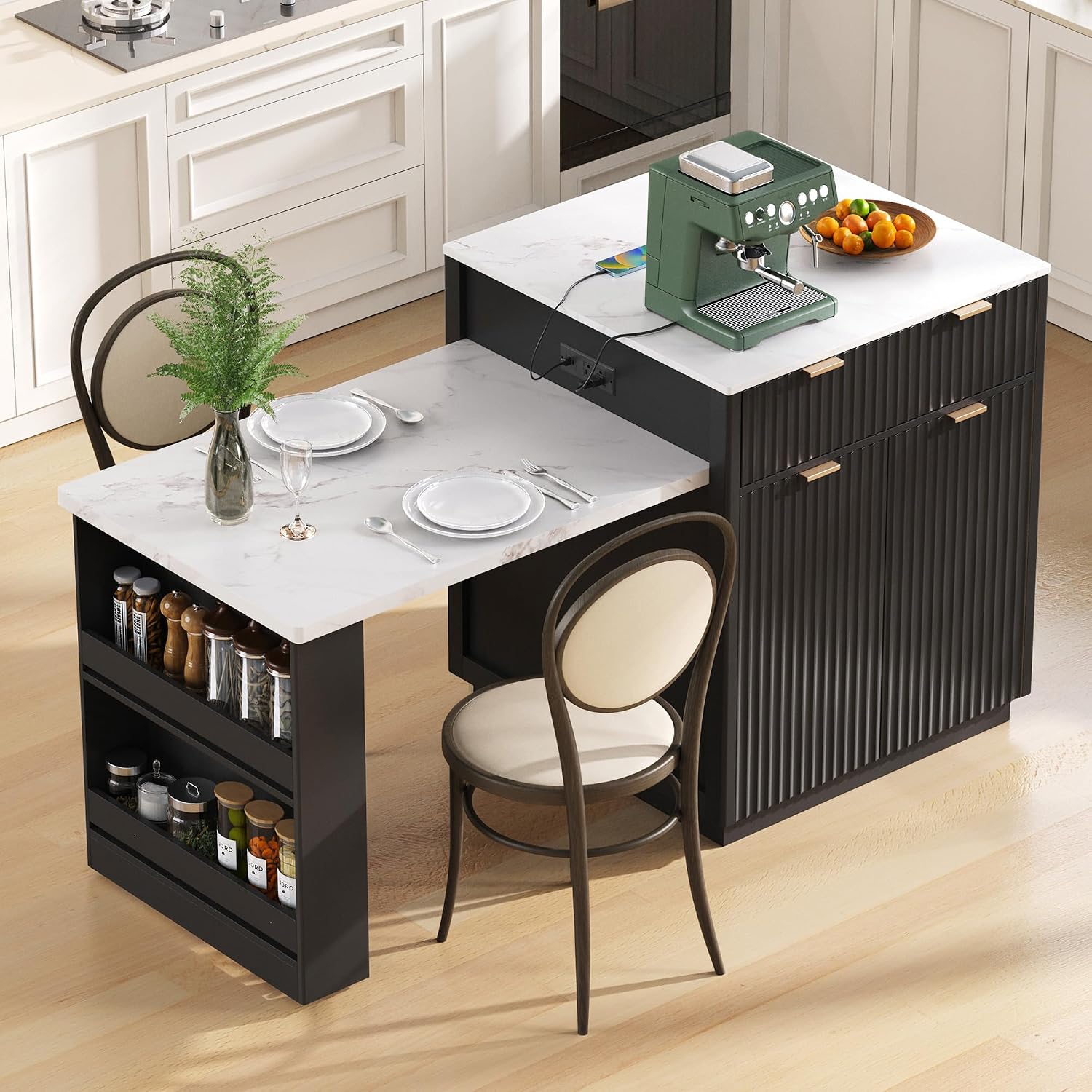 RUNNA 82.6' Fluted Kitchen Island with Extendable Dining Table for 4-6,Island Table for Kitchen with Power Outlet, Kitchen Table with Double-Side Storage, 2 Drawers 2 Side Open Shelves (Black#18)