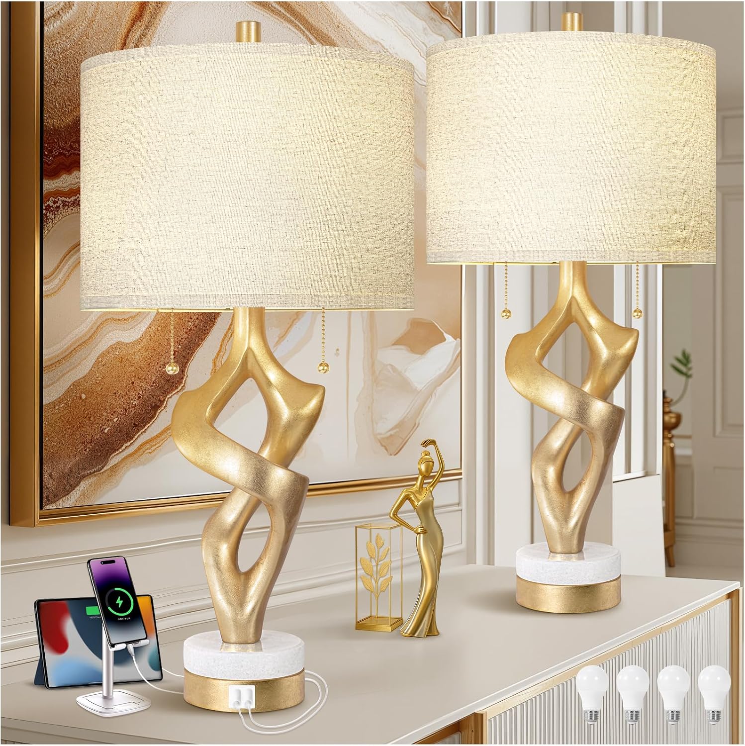Scenekoy Sculptural Table Lamp Set of 2 with USB Ports for Bedroom Living Room, 26' Gold Leaf Marble Base Bedside Lamps, Pull Chains Switch Modern Nightstand Lamp for Home Room Decor (Bulbs Included)