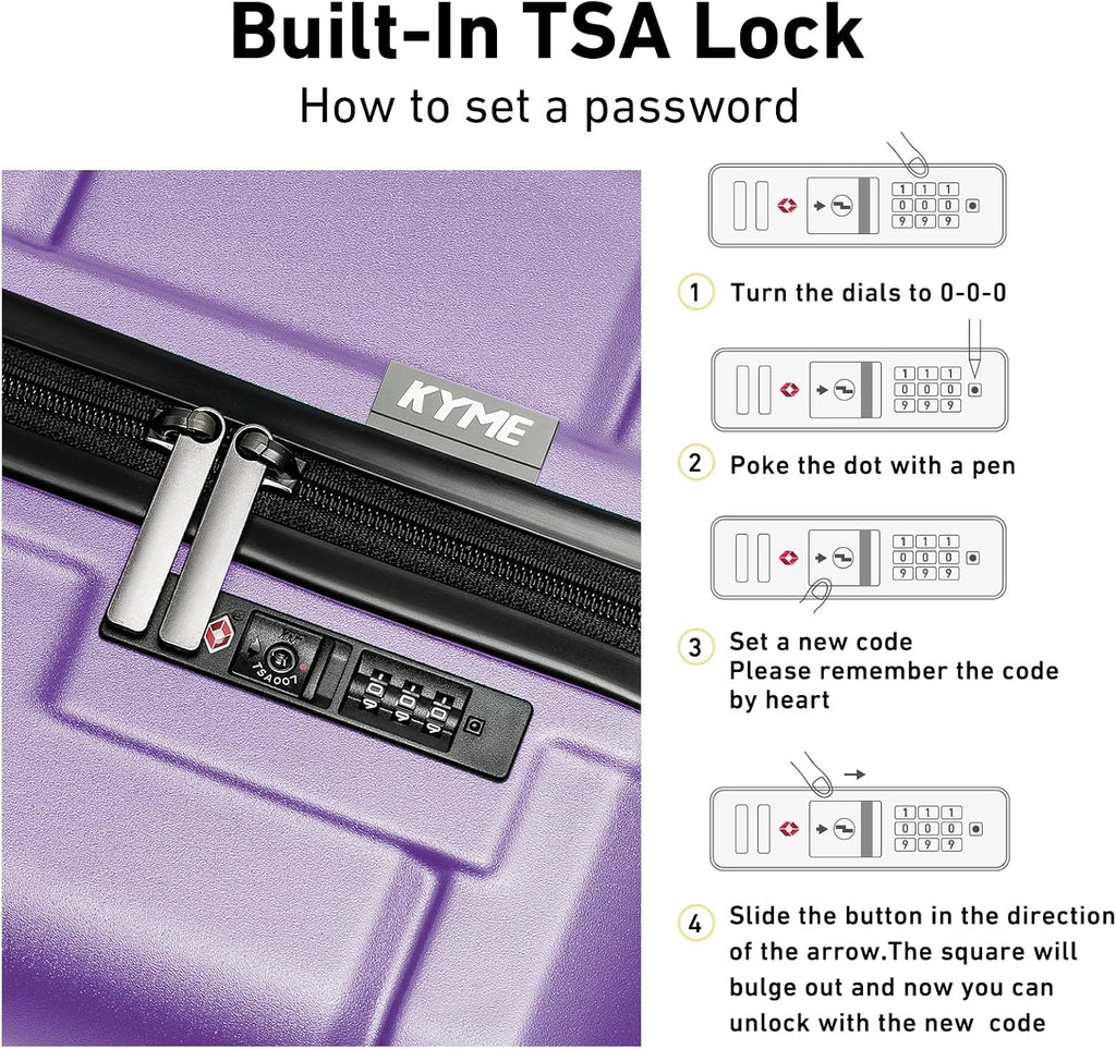 KYME Luggage Sets 2 Piece Suitcase Set Hardshell 20 inch/24 inch Luggage with Spinner Wheels Hardside PC+ABS Checked Medium Suitcase with TSA Lock for Women Lt Purple