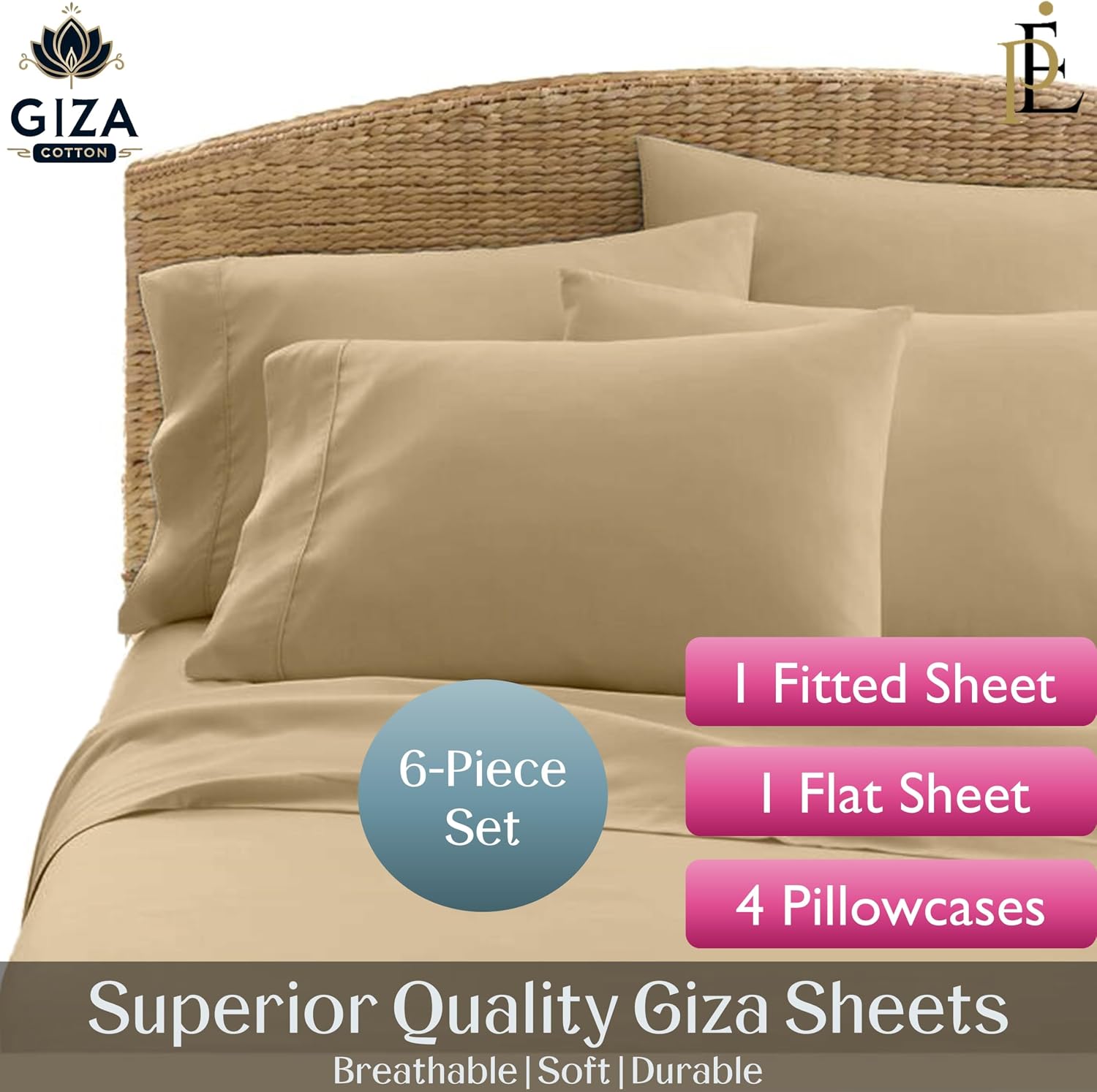 100% Giza Cotton, 1000 Thread Count, 6-PC Bed Sheet Set [Queen Size, Taupe Color] 18 inches Deep Pockets, Long Staple Cotton Breathable Soft Silky Sateen Weave