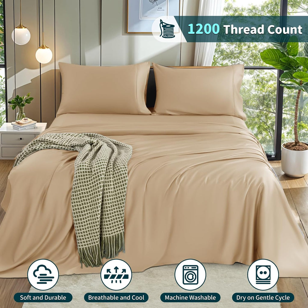LBRO2M 100% Cotton 1200 Thread Count Queen Size Sheets Set,16 inches Deep Pocket,Bed Sheet 4 Piece Sets (Queen, Cream)