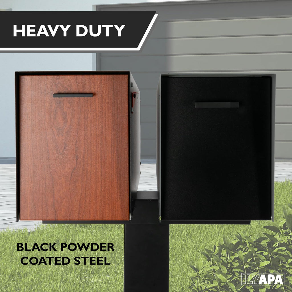 Ilyapa Modern Gray Steel Post Mount Mailbox & Dual Black Metal Mailbox Post - Waterproof, Parcel-Ready, All-Weather Durable for Outdoor Use, Universal Mount
