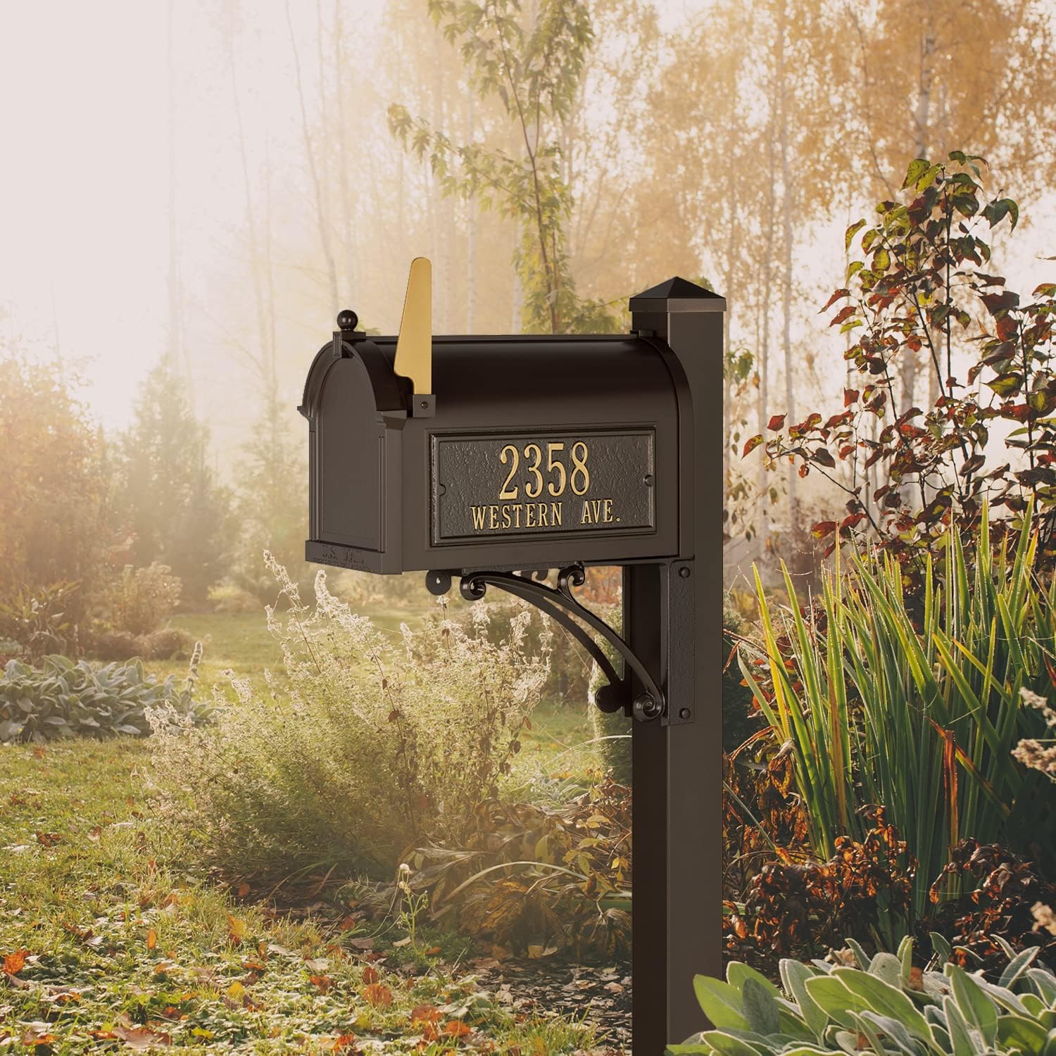 Whitehall Superior Mailbox with Side Address Plaques, Personalized Large Mailbox with Post and Address Plaque for Outside, Package Mailbox with Post Bronze