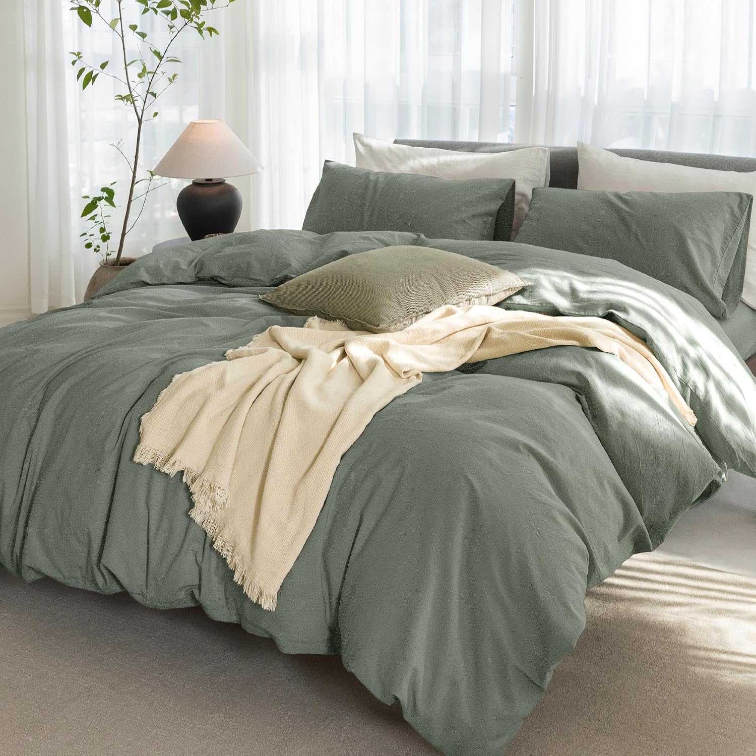 Super King Plus Cooling Duvet Cover Set - 3 Pieces 100% Cotton Bedding, Breathable, Crisp Linen-Like Texture, Naturally Soft & Gets Better，Hidden Zipper & Corner Ties – Green, 120'x120'