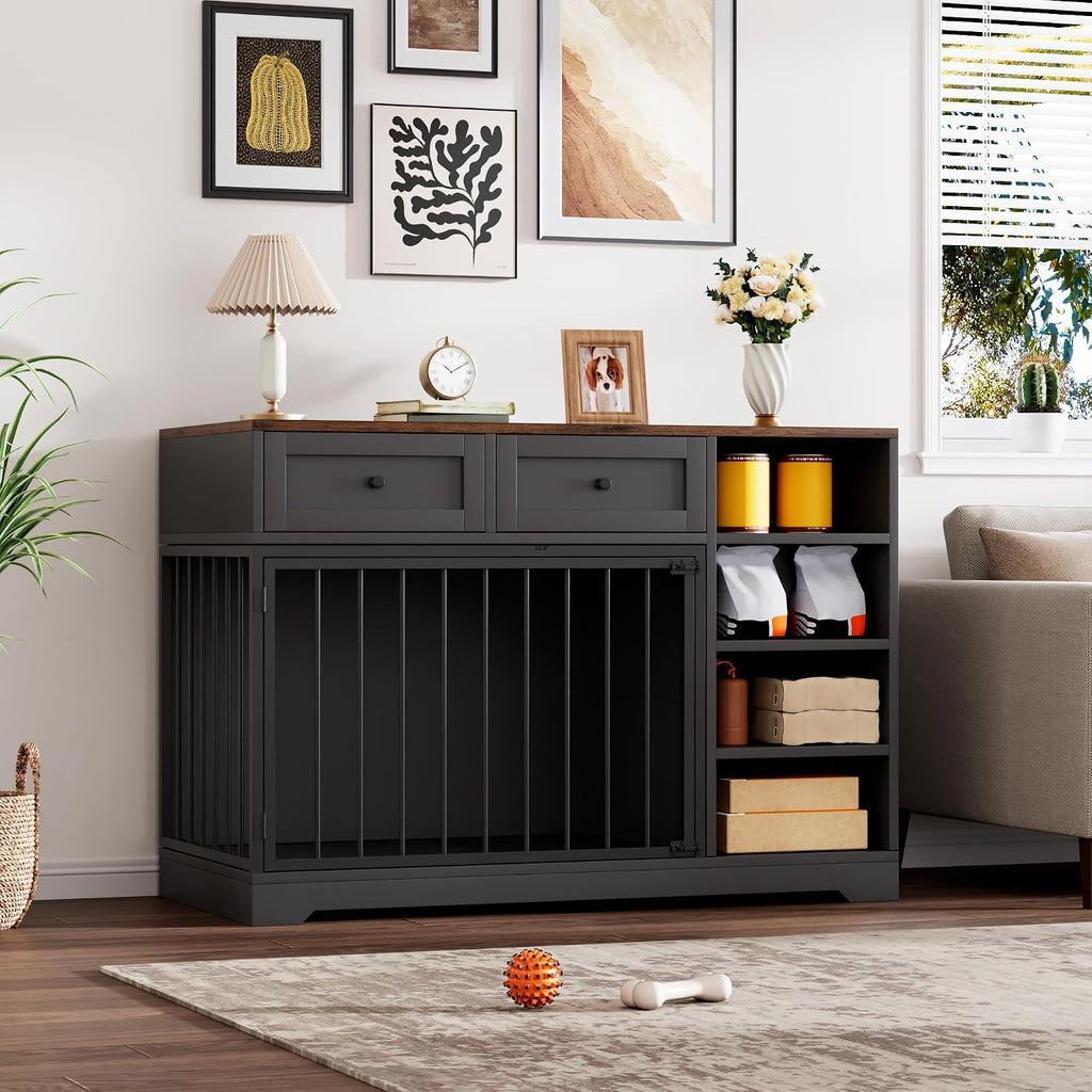 GAOMON Wooden Dog Crate Furniture with 2 Drawers and 4 Open Shelves, Multi-Functional Pet Kennel & TV Stand with Storage for Indoor Use, Black