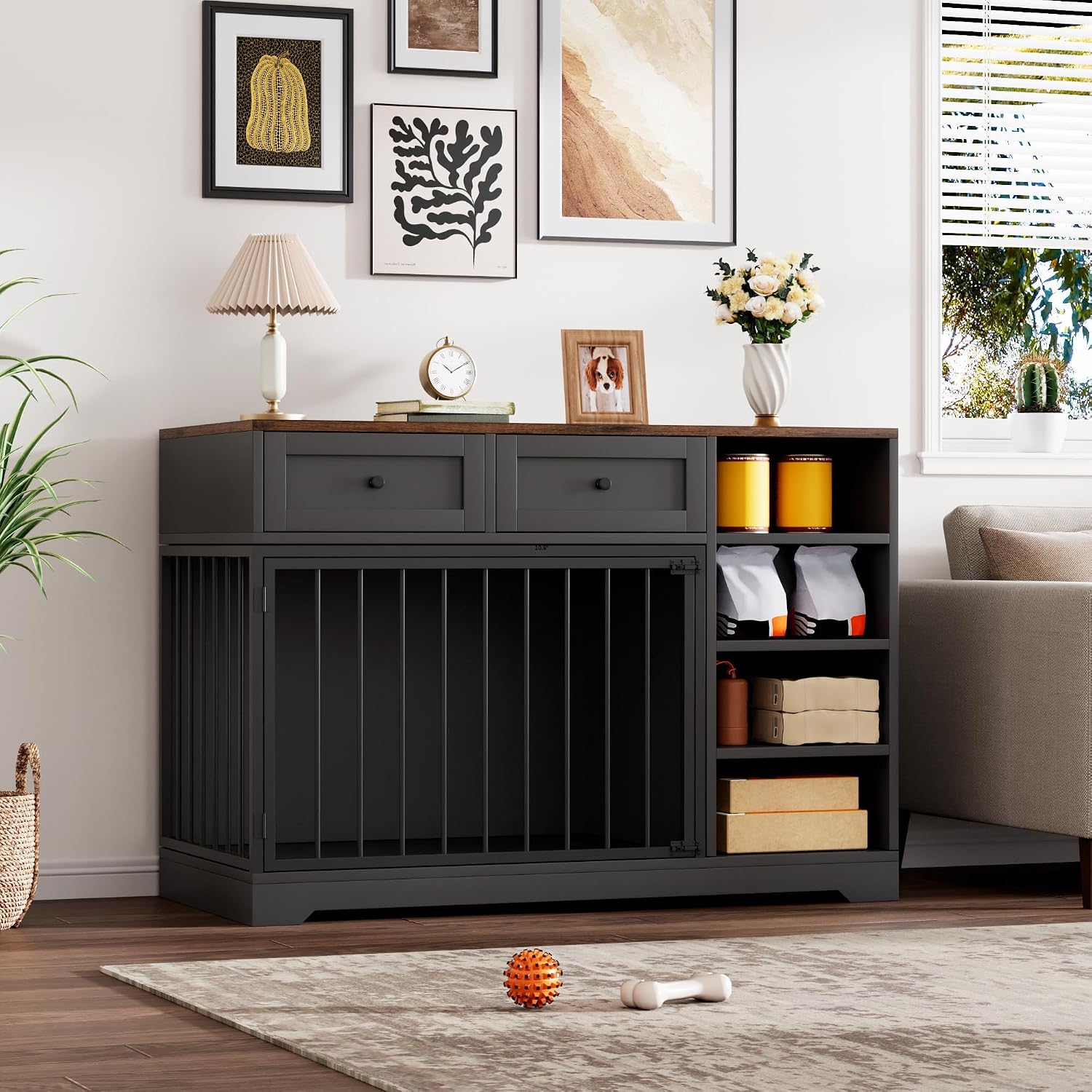 GAOMON Wooden Dog Crate Furniture with 2 Drawers and 4 Open Shelves, Multi-Functional Pet Kennel & TV Stand with Storage for Indoor Use, Black