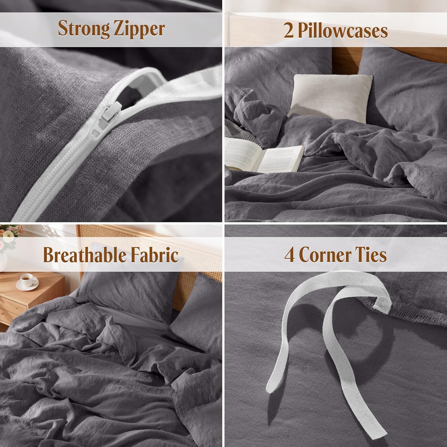 LBRO2M 100% France Linen Duvet Cover Set 3 Pcs Including 1 Flax Comforter Cover with Zipper Closure, 2 Pillowcase, Cozy Duvet Cover Queen Size, Dark Gray