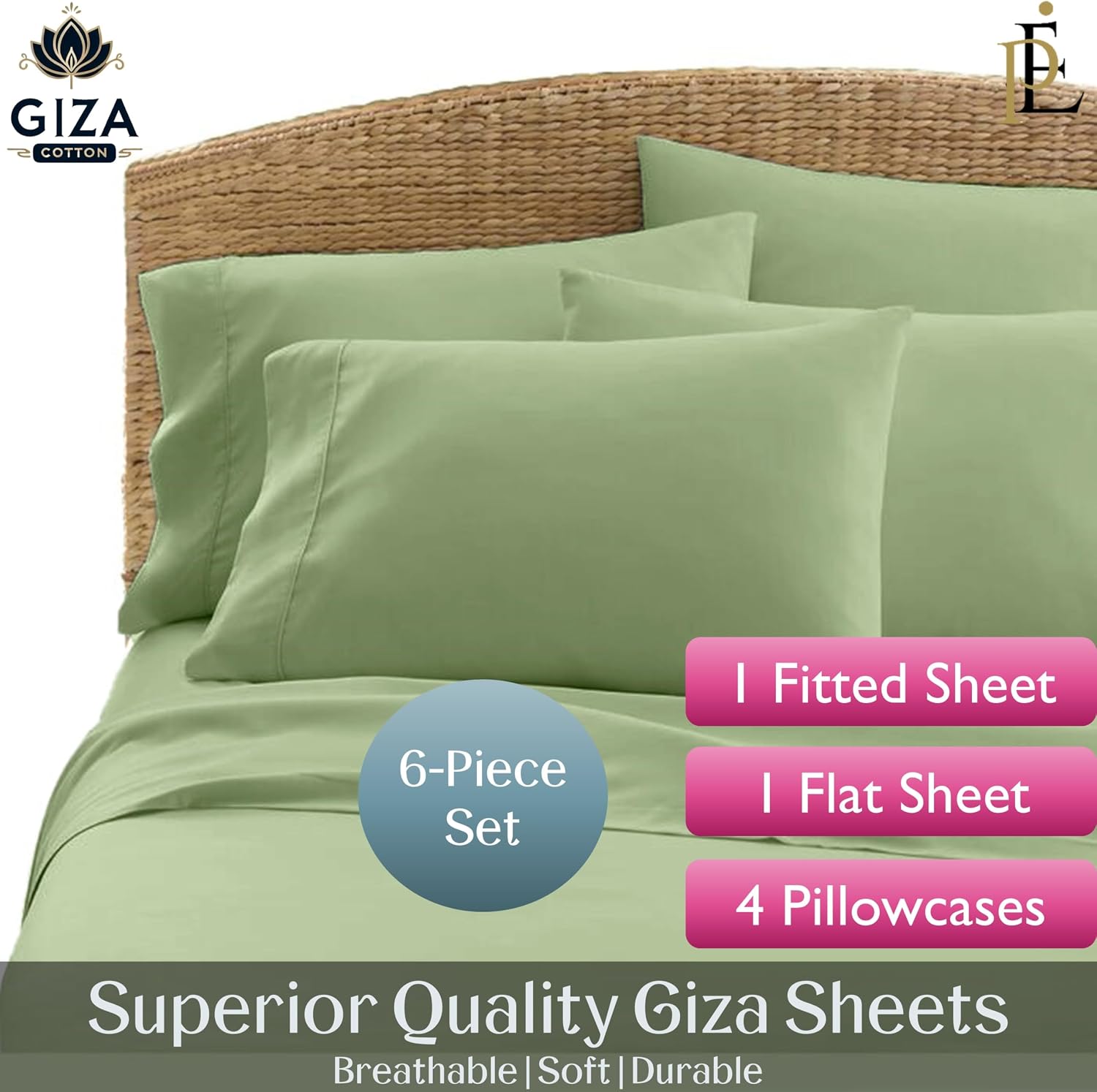 100% Giza Cotton, 1000 Thread Count, 6-PC Bed Sheet Set [Queen Size, Sage Color] 18 inches Deep Pockets, Long Staple Cotton Breathable Soft Silky Sateen Weave