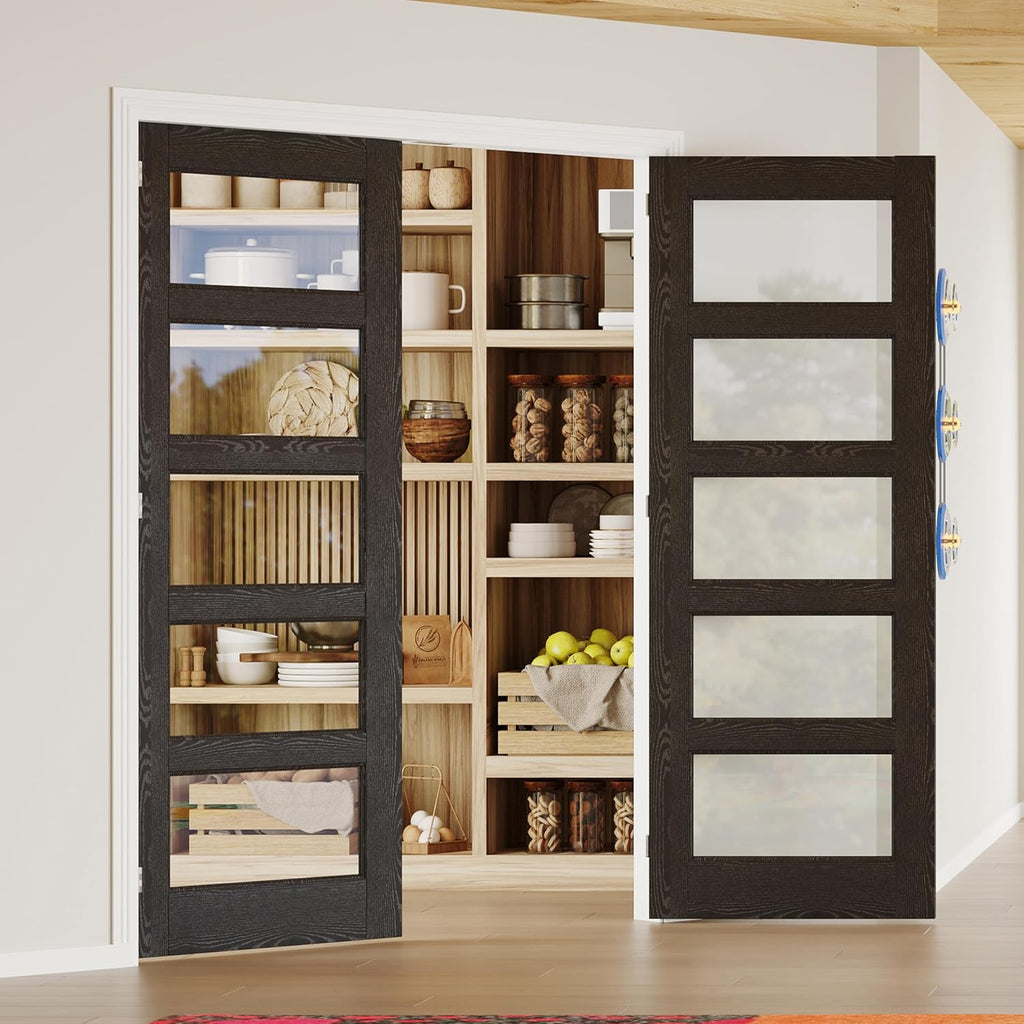 French Doors, 60' x 80', 5-Lite Clear Glass Black Pantry Door, Prehung Interior Door for Home and Laundry, Solid Core & MDF with Door Jamb & Hardware Kit - Easy to Install