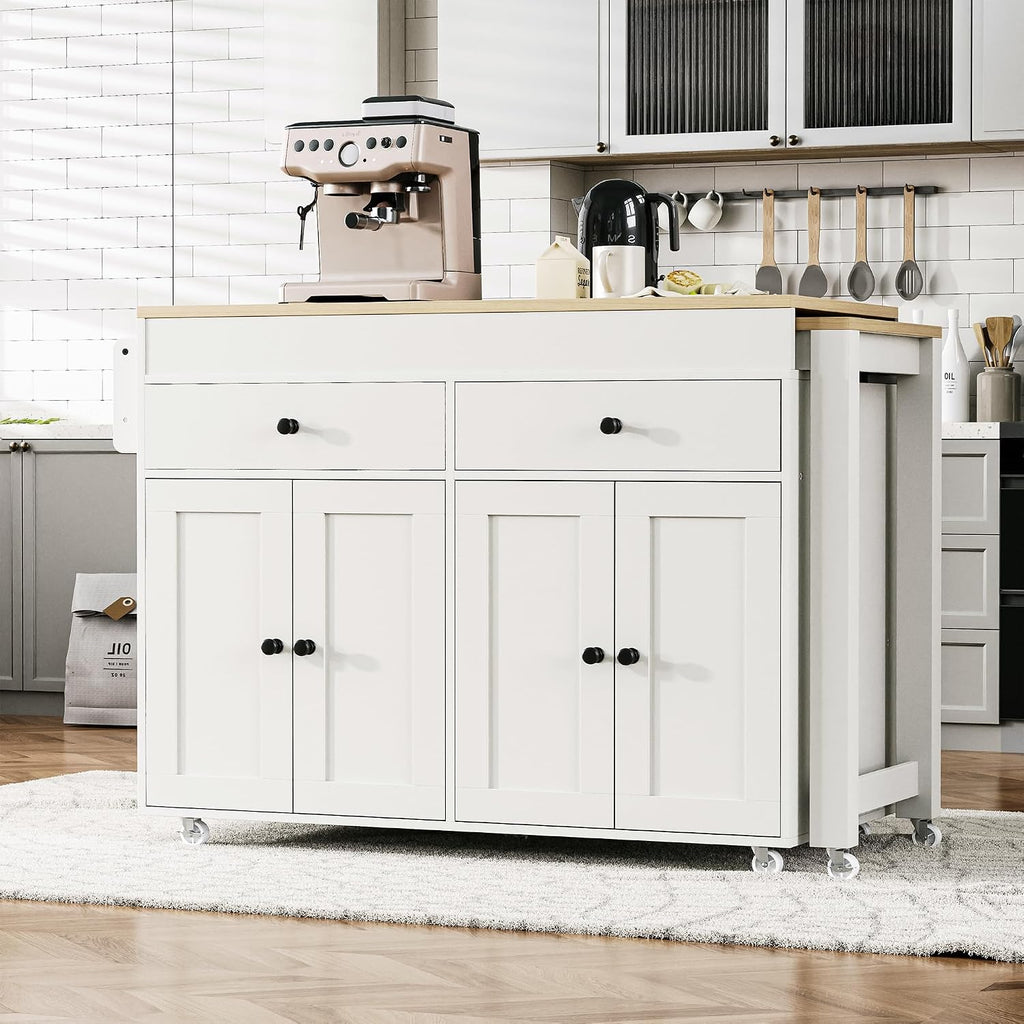RUNNA 74.5 inch Kitchen Island with Extendable Dining Table,Rolling Island on Wheels with Spice Rack and 2 Drawers,Kitchen Storage Cart with 4 Door Cabinet (Off White#009)