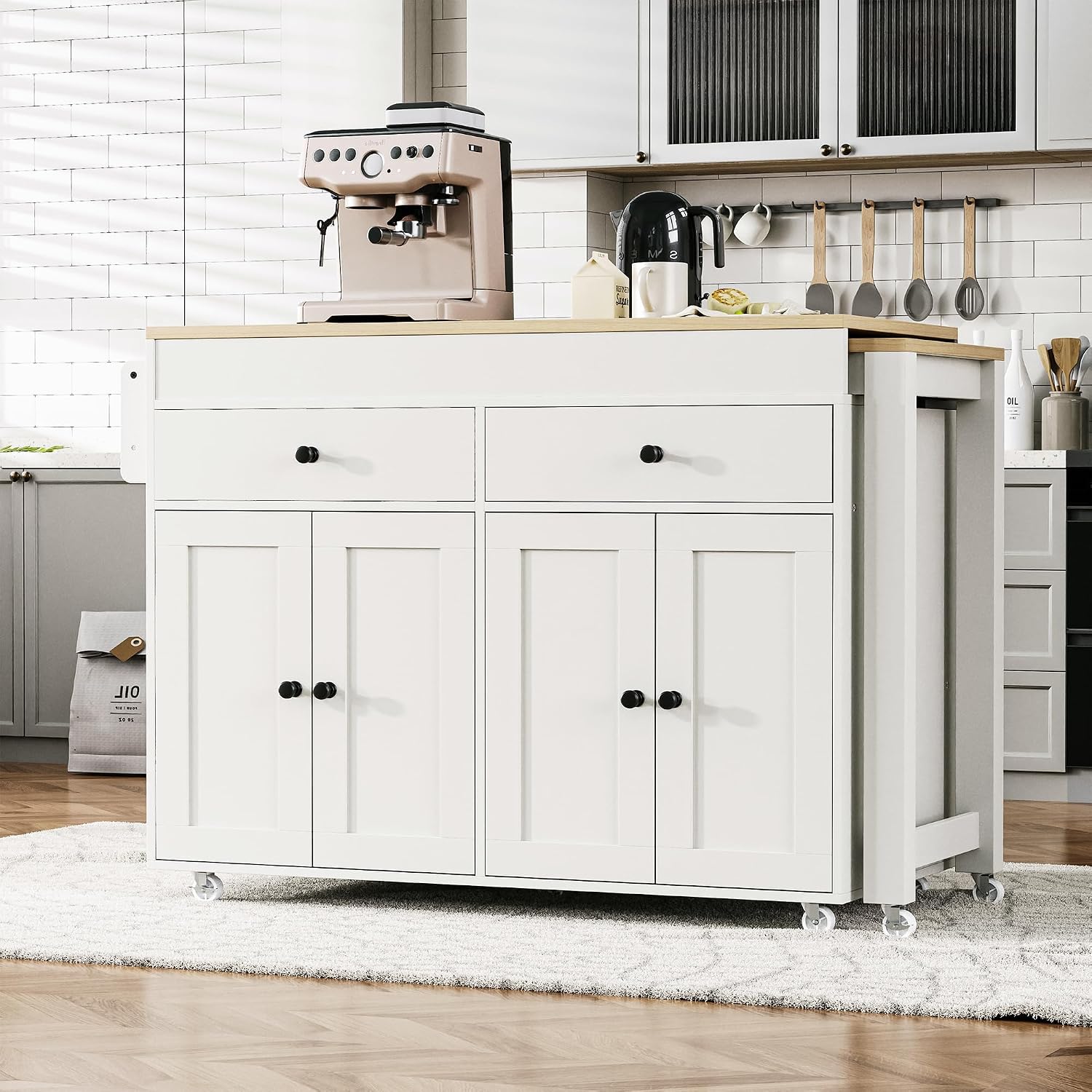 RUNNA 74.5 inch Kitchen Island with Extendable Dining Table,Rolling Island on Wheels with Spice Rack and 2 Drawers,Kitchen Storage Cart with 4 Door Cabinet (Off White#009)