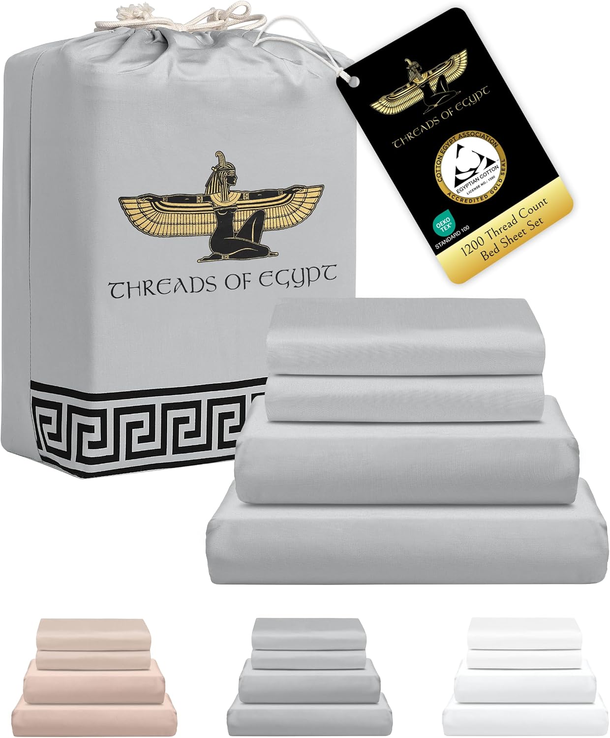 100% Egyptian Cotton Sheets Queen Size | 1200 Thread Count | CEA Gold Seal Certified | Heavyweight & Ultra Smooth Finish | Cooling for Hot Sleepers | 18' Deep Pocket [Grey]