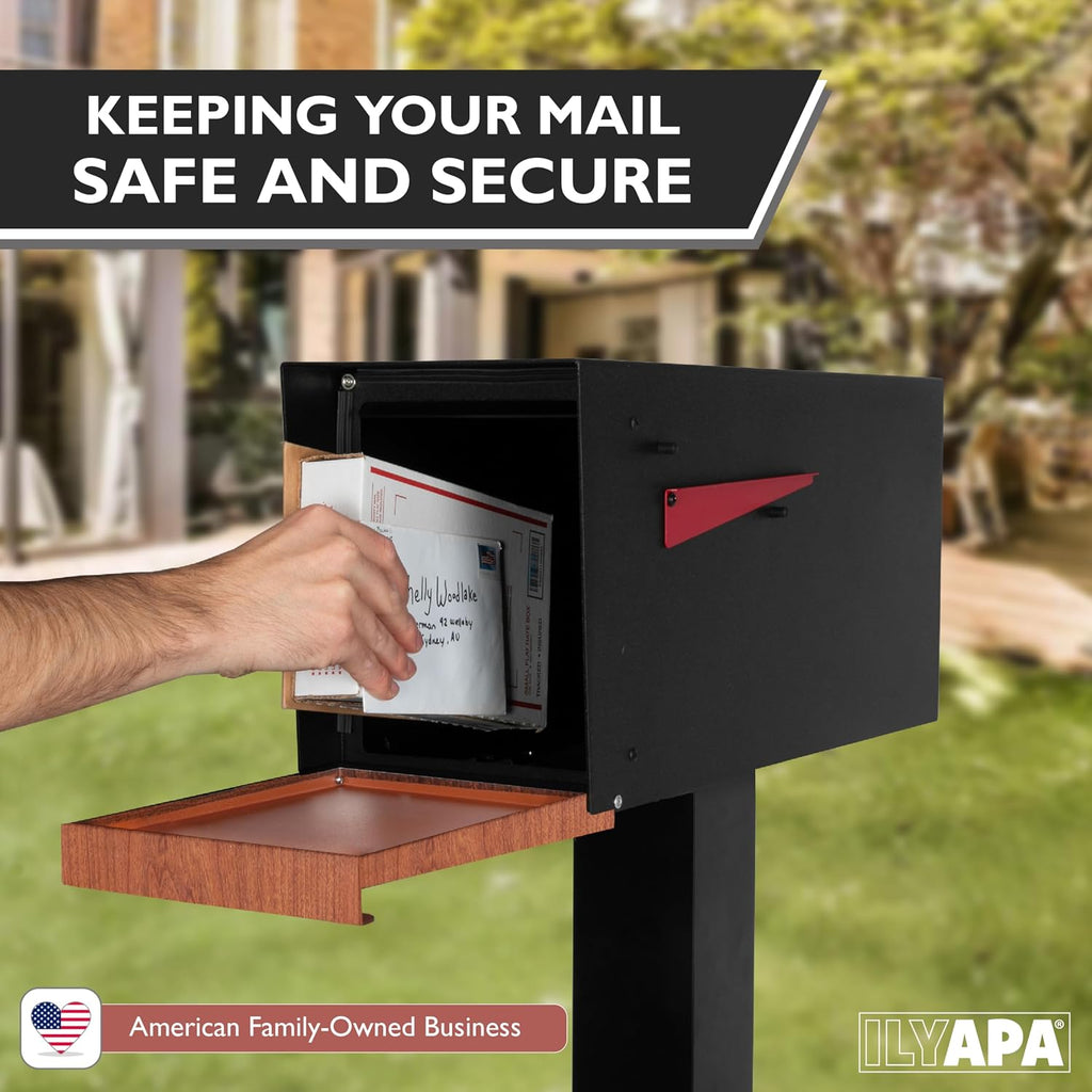 Ilyapa Modern Mailbox for Post Mount - Black Powder Coated Metal Mailbox with Cherry Wood Door - Waterproof for Parcels, Recessed Magnetic Close Door