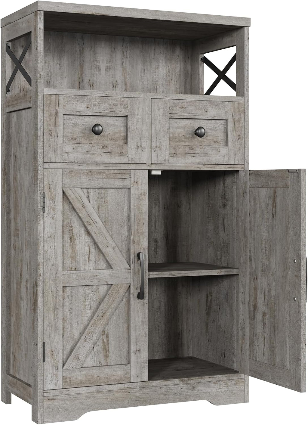 Befrases Set of 2 Farmhouse Storage Cabinet with Drawers and Adjustable Shelves, Freestanding Kitchen Pantry Storage Cabinet, Floor Storage Cupboard for Dining Living Room Home Office, Washed Grey