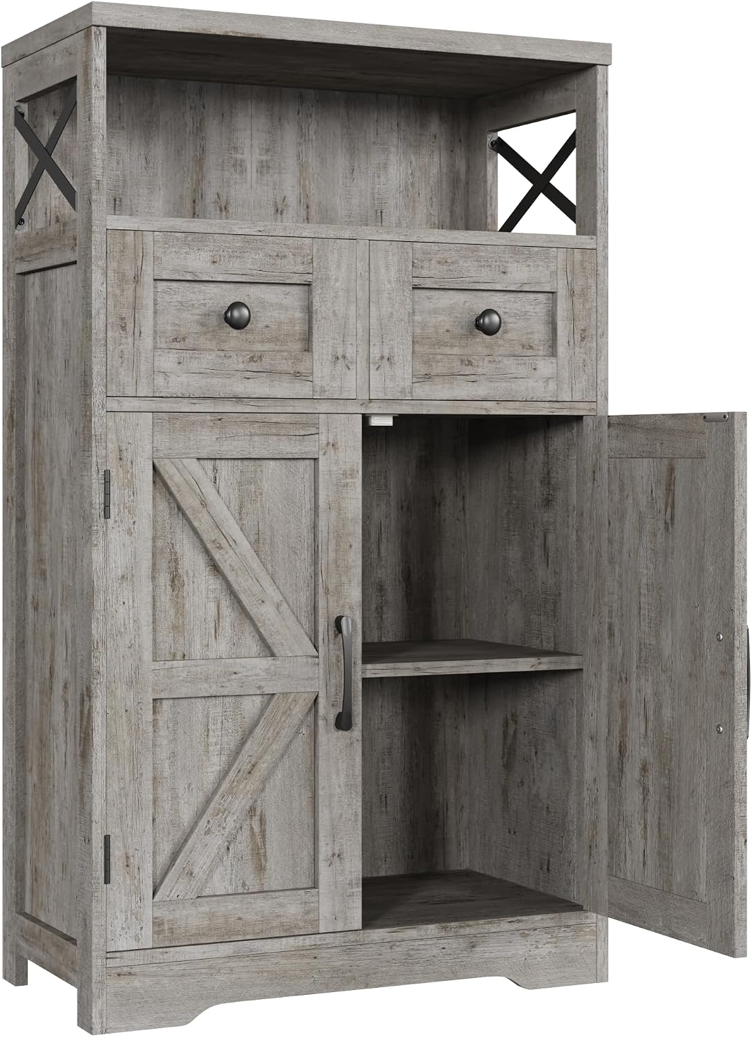 Befrases Set of 2 Farmhouse Storage Cabinet with Drawers and Adjustable Shelves, Freestanding Kitchen Pantry Storage Cabinet, Floor Storage Cupboard for Dining Living Room Home Office, Washed Grey