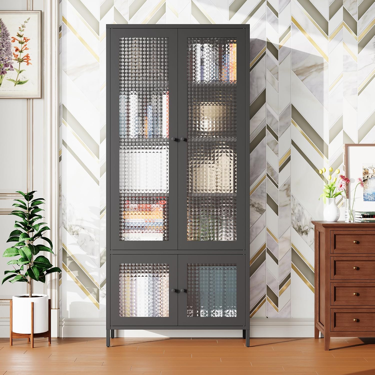 Large Metal Storage Cabinet Display Cabinet with 4 Glass Doors 5 Shelves Side Cabinet Bookcase Freestanding Cabinet for Bedroom Living Room Pantry Home Office - Black, Waffle-Grids Tempered Glass
