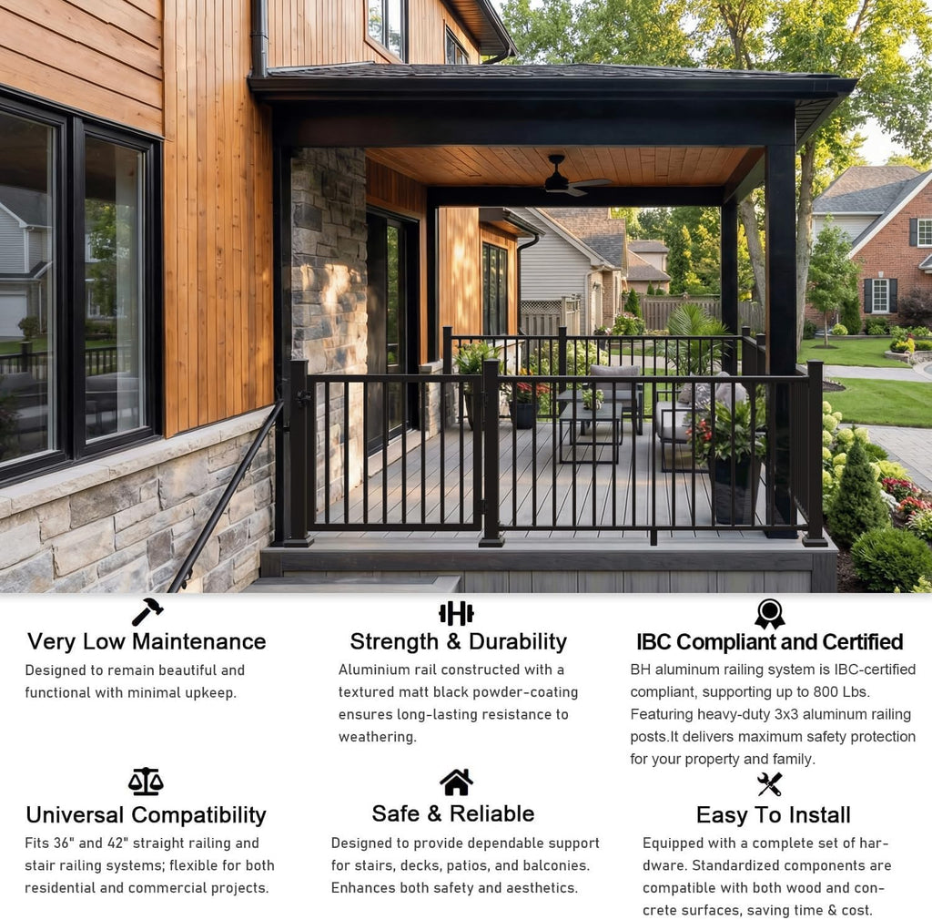 36 in. H x 6 ft. Heavy Duty BH Aluminum Stair Picket Railing, Porch and Deck Railing Kit Supports Up to 800 Lbs, IBC Compliant and Certified, AAMA2604 Powder Coating, Textured Black