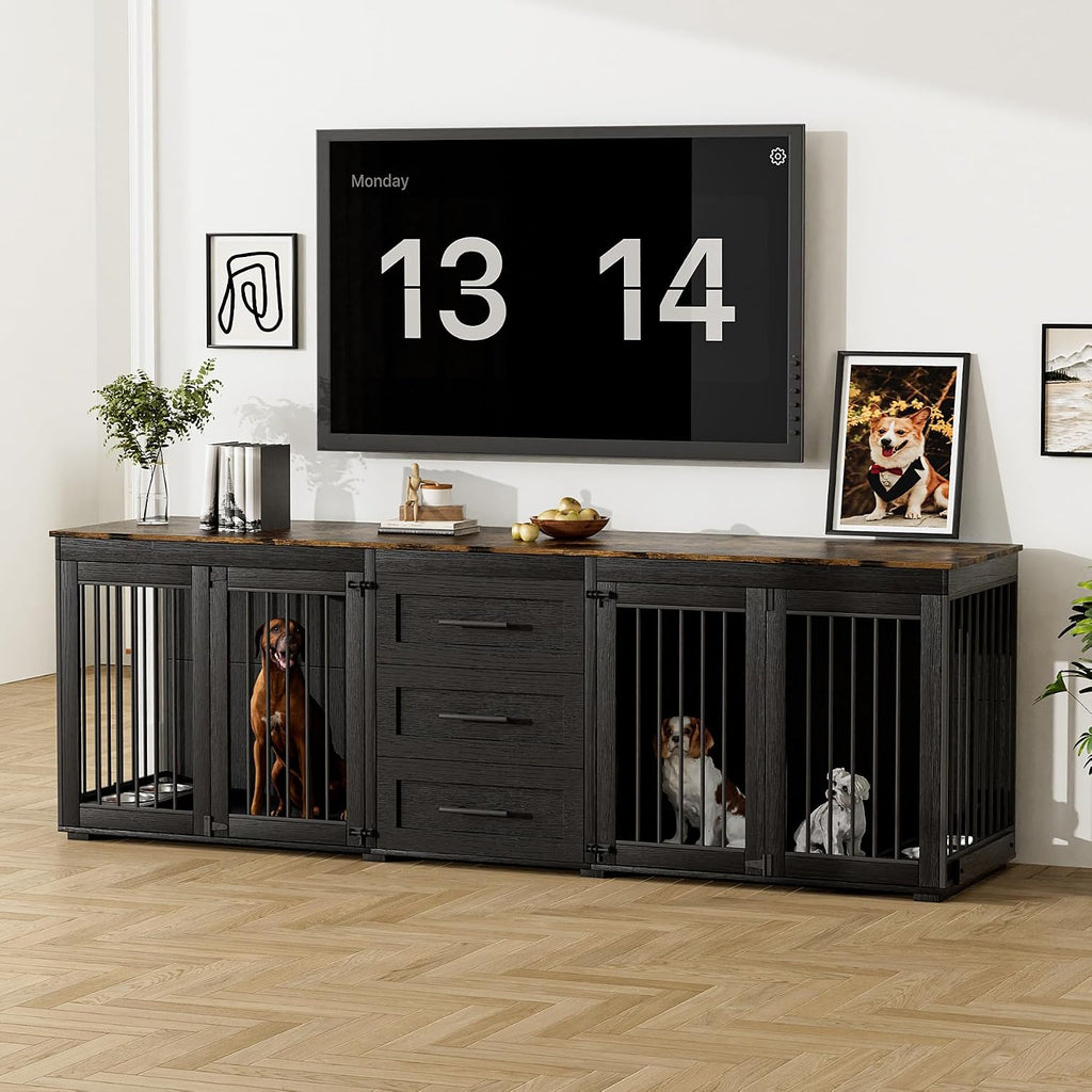 Rophefx 94.5' Dog Crate Furniture for 2 Dogs, Large Dog Kennel Furniture with 3 Storage Drawer, Wooden Dog Cage with 4 Bowls, Indoor Dog House TV Stand with Locks for Large Medium Dog, Black