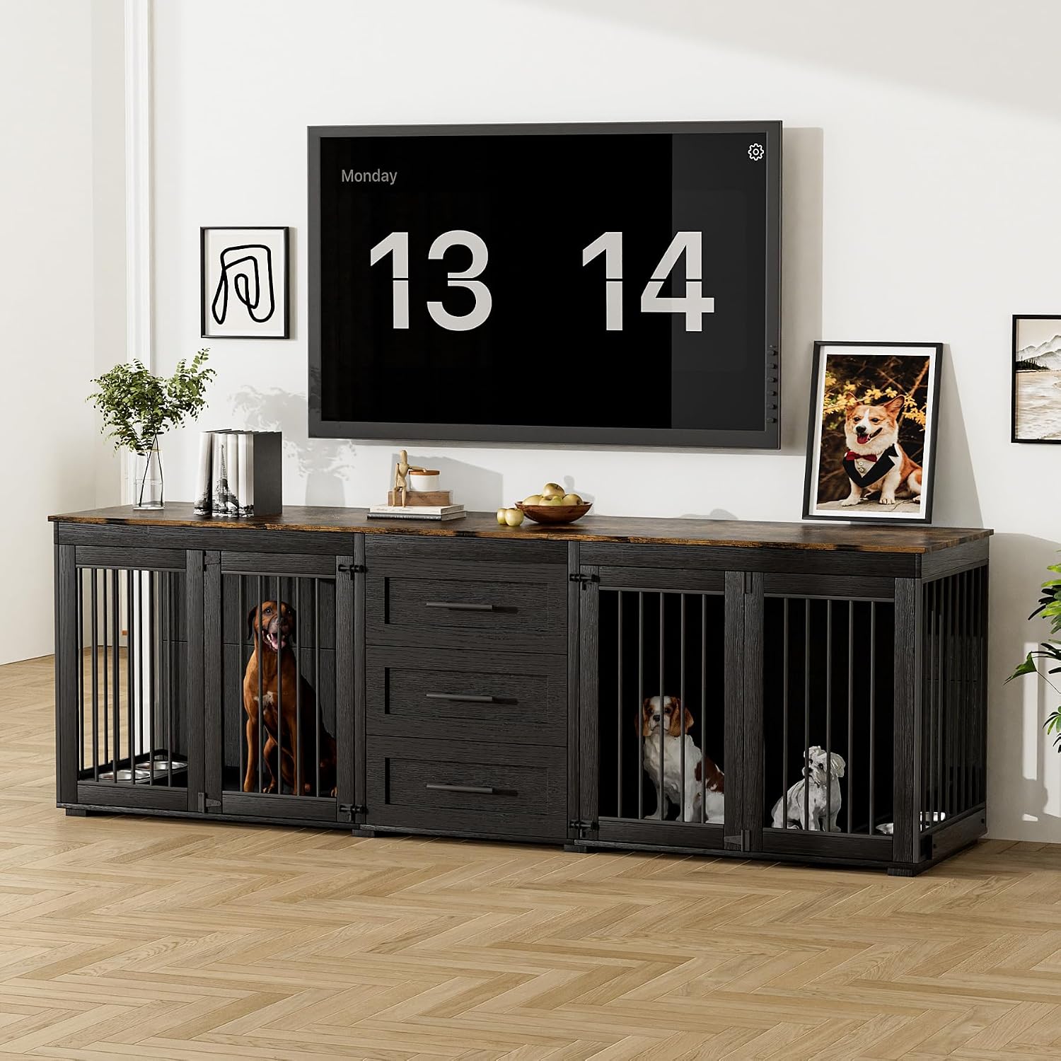 Rophefx 94.5' Dog Crate Furniture for 2 Dogs, Large Dog Kennel Furniture with 3 Storage Drawer, Wooden Dog Cage with 4 Bowls, Indoor Dog House TV Stand with Locks for Large Medium Dog, Black