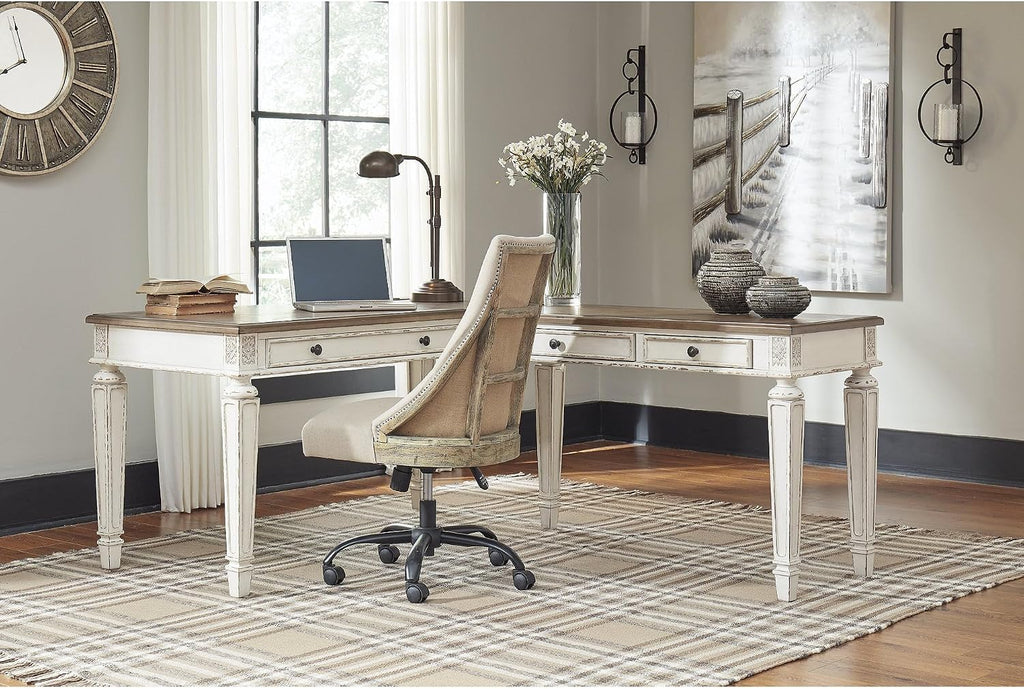 Signature Design by Ashley Realyn French Country 3-Drawer 2-Piece Home Office Desk with Spring Lift Top, USB Ports and AC Plug-Ins, Dark Brown & White