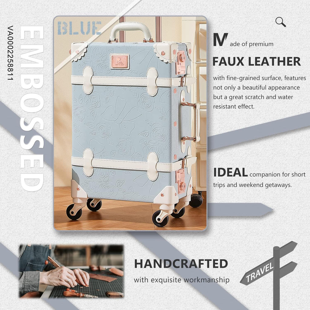 Unitravel 2 Piece Vintage Suitcase Set, 26' Women Cute Travel Luggage with 12' Handbag, Hardside Faux Leather Spinner Trunk with TSA Lock (Embossed Blue)