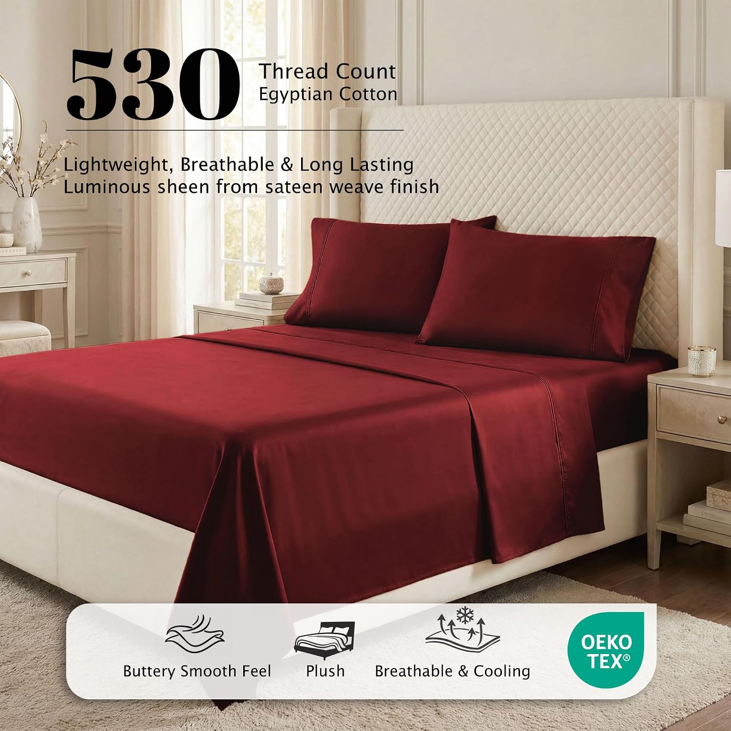Superior Egyptian Cotton 530 Thread Count Bed Sheet Set, 1 Elastic Deep Pocket Fitted Sheet, 1 Flat Sheet, 1 Pillowcase, Soft Bedding, Luxury Sheets, Sateen Weave, Twin XL Size, Burgundy