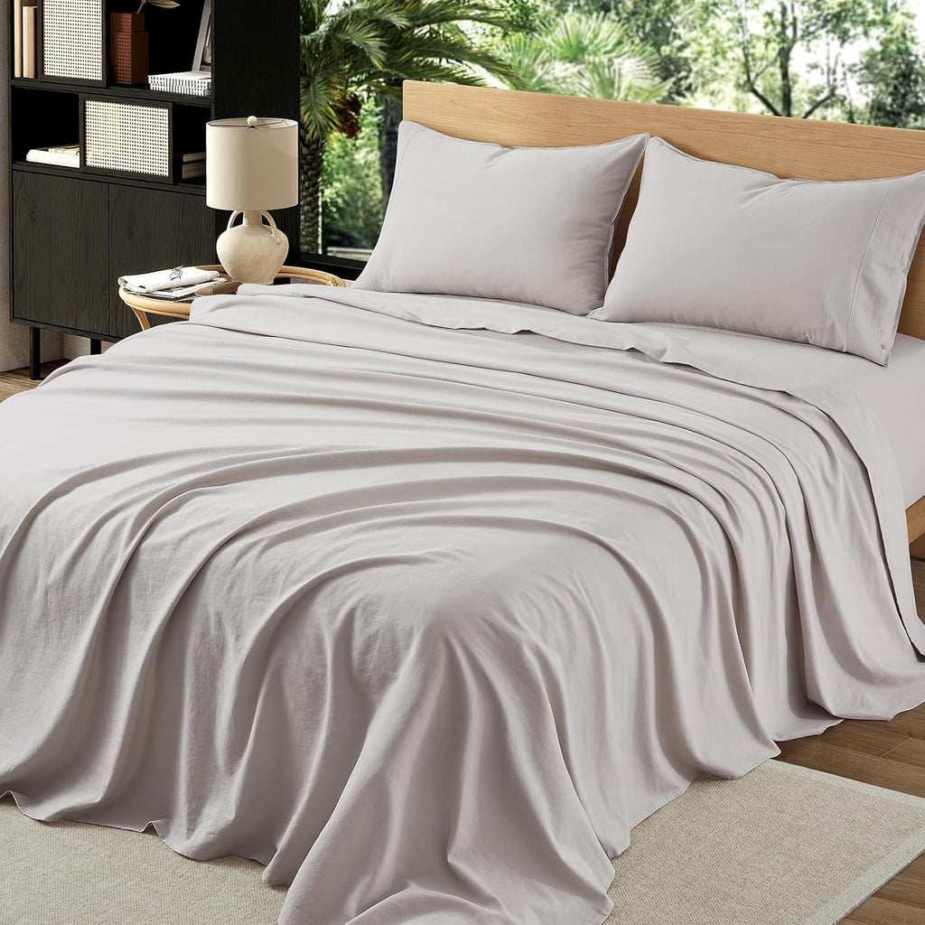 4Pcs Organic Linen Sheets King Size, 100% French Linen from Normandy, Tear-Resistant Natural Linen King Sheet Set with 16 Inch Deep Pocket, 1 Flat Sheet, 1 Fitted Sheet, 2 Pillowcases