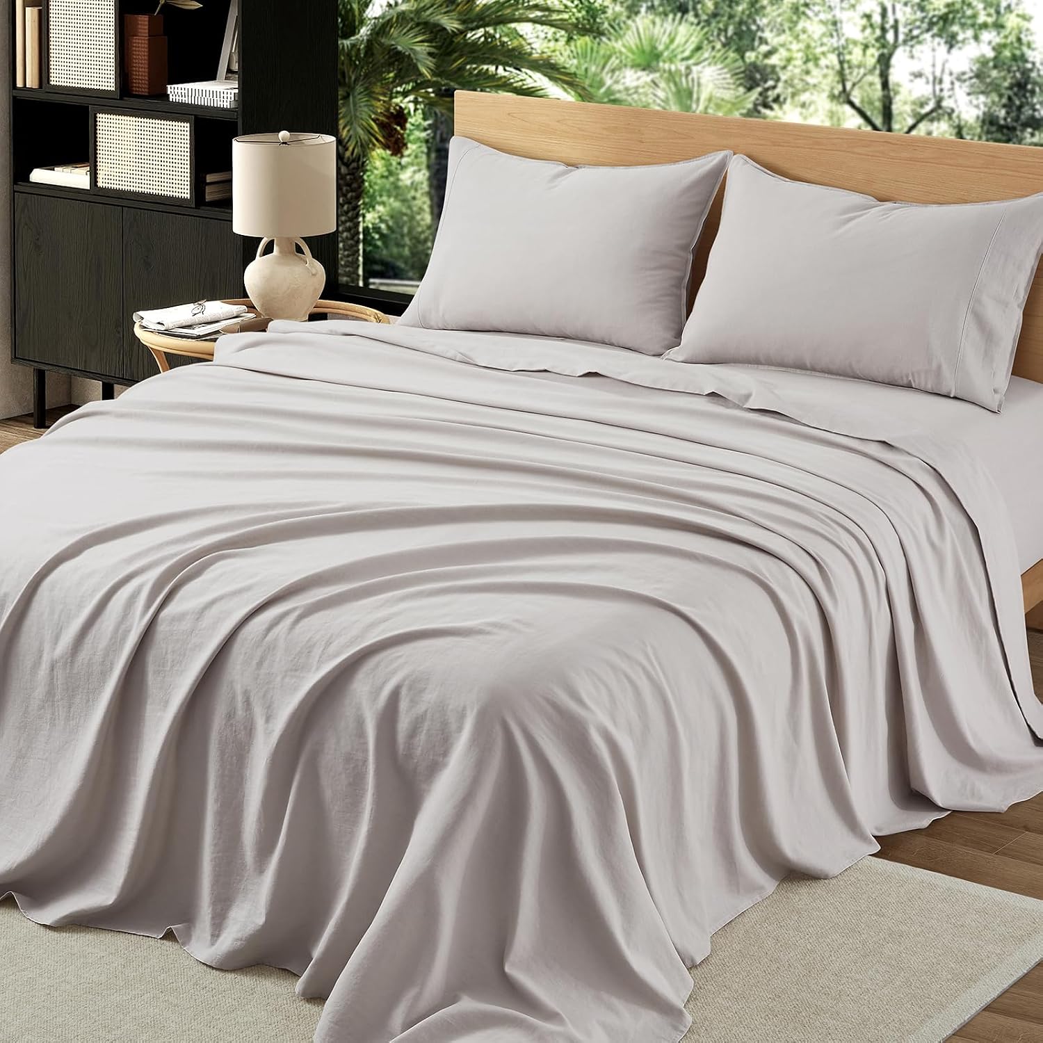 4Pcs Organic Linen Sheets California King, 100% French Linen from Normandy, Breathable Natural Linen Cal King Sheet Set with 16 Inch Deep Pocket, 1 Flat Sheet, 1 Fitted Sheet, 2 Pillowcases