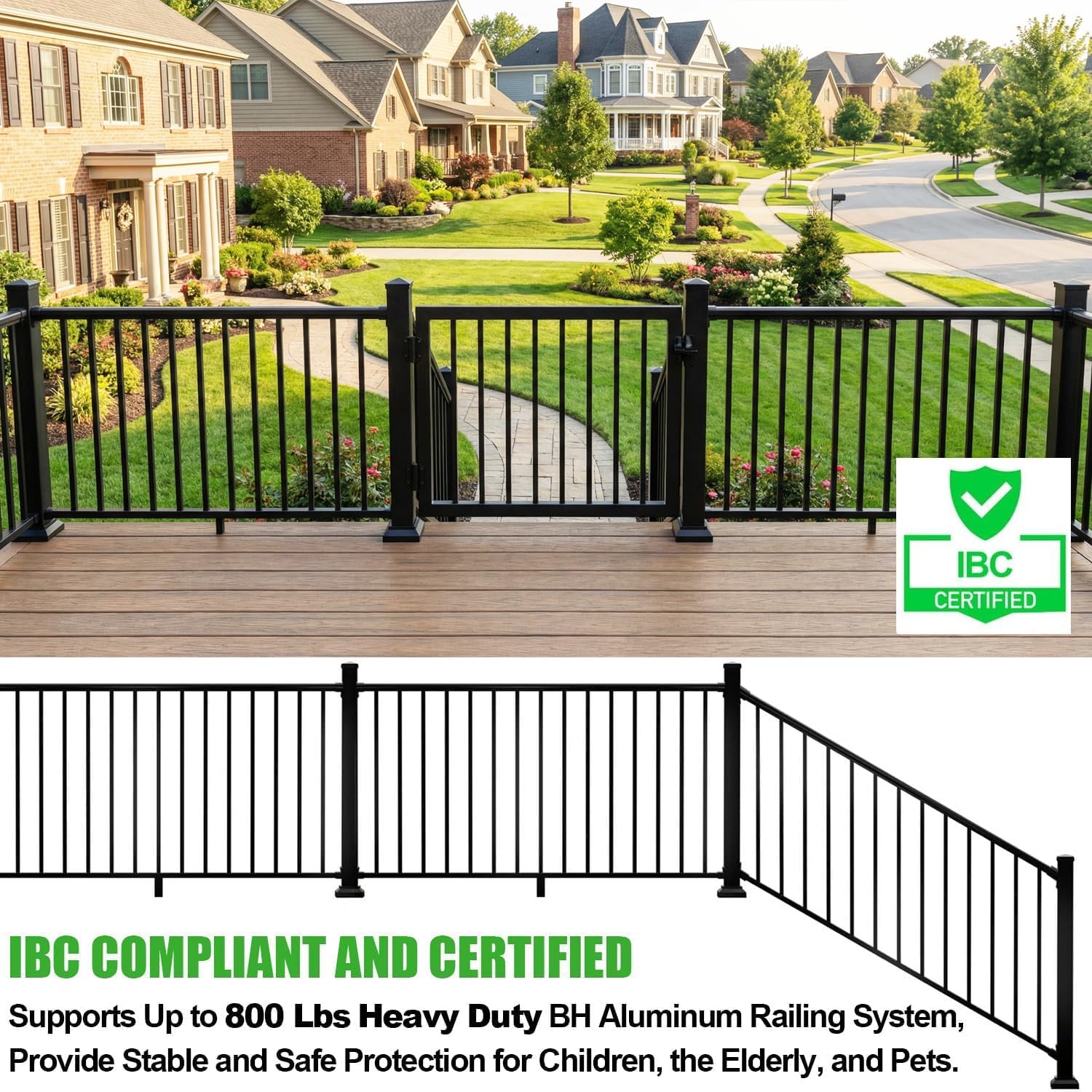 36 in. H x 6 ft. Heavy Duty BH Aluminum Straight Picket Railing, Porch and Deck Railing Kit Supports Up to 800 Lbs, IBC Compliant and Certified, AAMA2604 Powder Coating, Textured Black