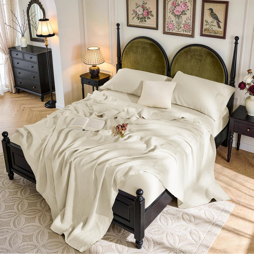 SONORO KATE 100% French Pure Linen Queen Size Sheets, Breathable and Durable, 16 Inch Deep Pocket - 4 Piece (Cream)