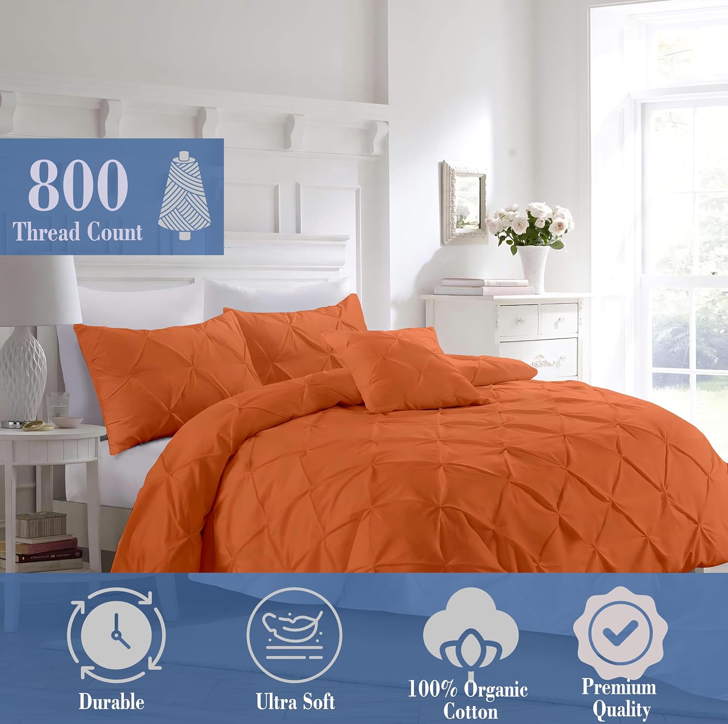 Pinch Duvet Cover Set Oversized Queen Size 1 Duvet Cover with 2 Pillow Shams 3-Pc Comforter Cover with Zipper Closure & Corner Tie 100% Egyptian Cotton Cover (98x98 Inch, Burnt Orange)