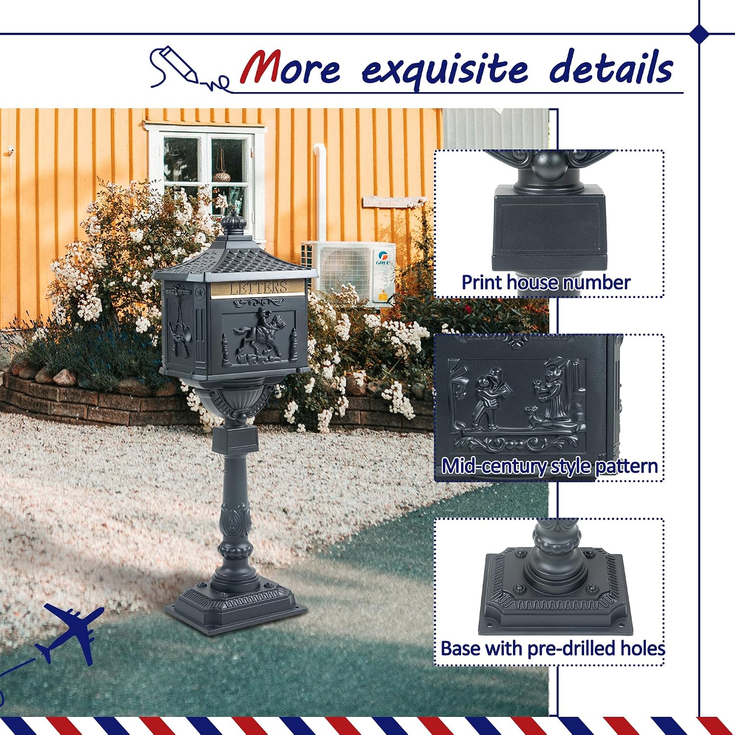 Retro Locking Mailboxes for Outside Aluminum Freestanding Mailbox with Post, Heavy Duty Mail Boxes for House with Post, Black