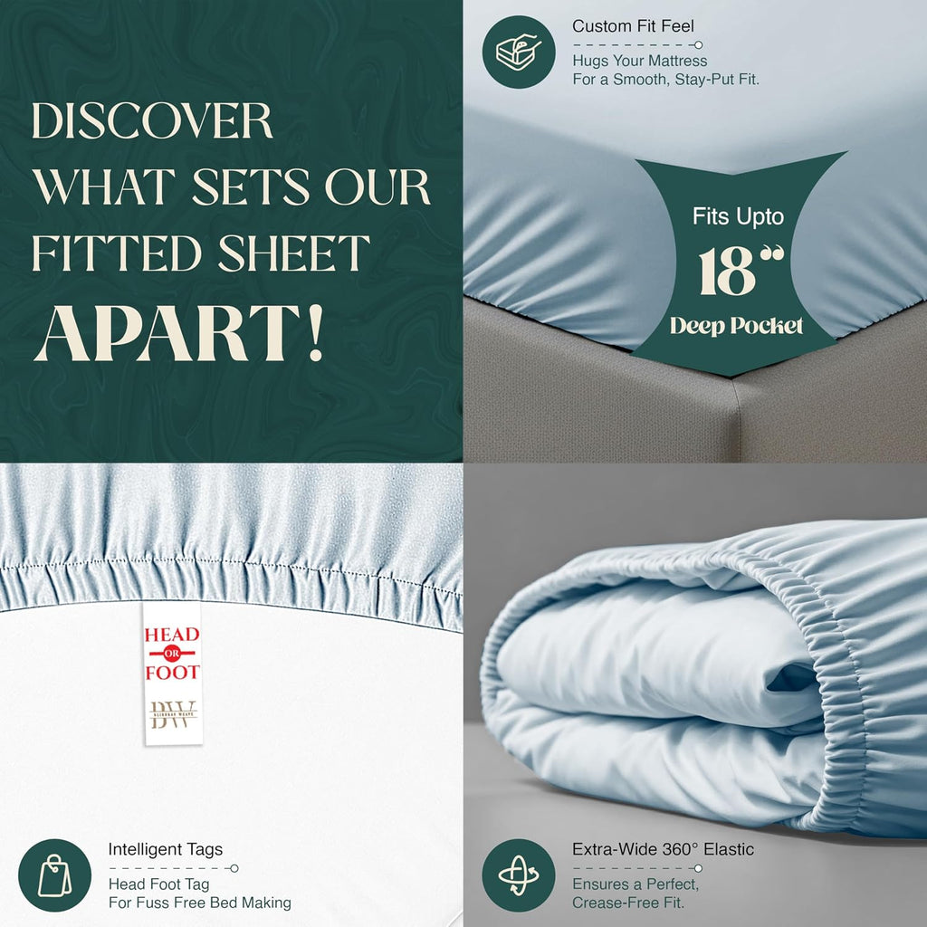100% Egyptian Cotton Sheet Set Queen Size 4 PCs Sateen Cooling Soft Wrinkle Resistant 18 inches Deep Pocket | 1 Fitted Sheet, 1 Flat Sheet, 2 Pillowcases | Light Blue