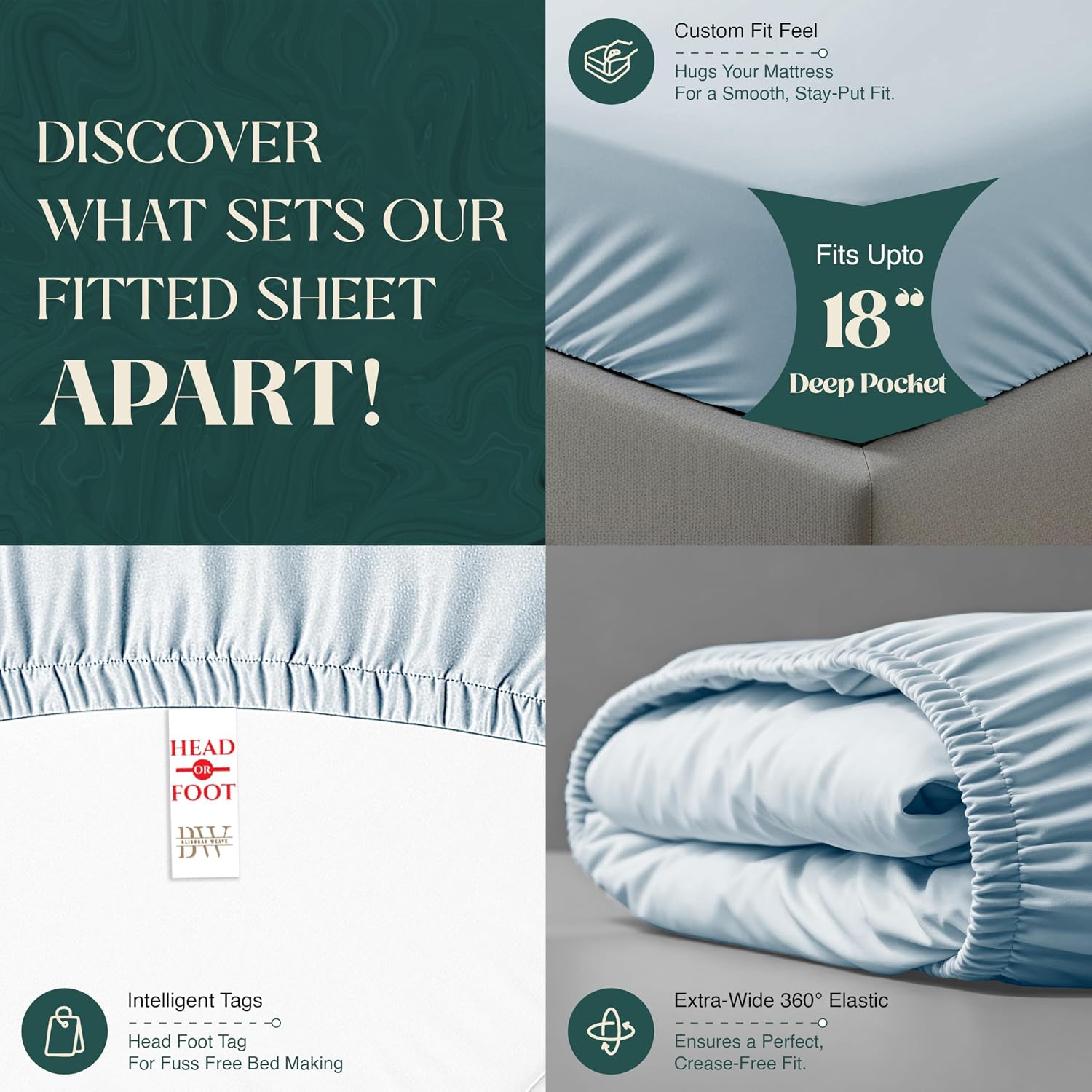 100% Egyptian Cotton Sheet Set Queen Size 4 PCs Sateen Cooling Soft Wrinkle Resistant 18 inches Deep Pocket | 1 Fitted Sheet, 1 Flat Sheet, 2 Pillowcases | Light Blue
