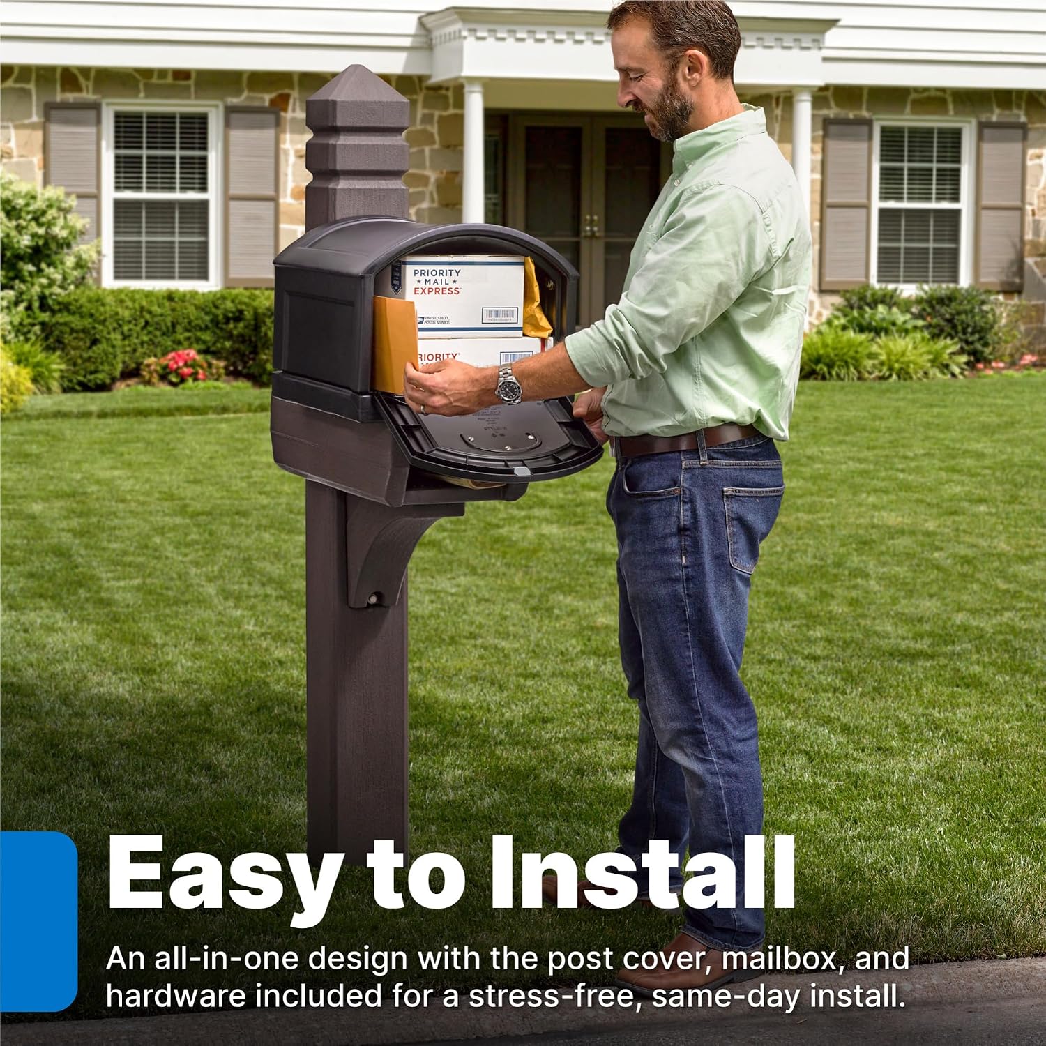Step2 Lakewood Extra Large Mailbox & Post, Weather Resistant, Large Outdoor Mailboxes, Made of Durable Plastic, Easy to Install, Flag Included, Brown