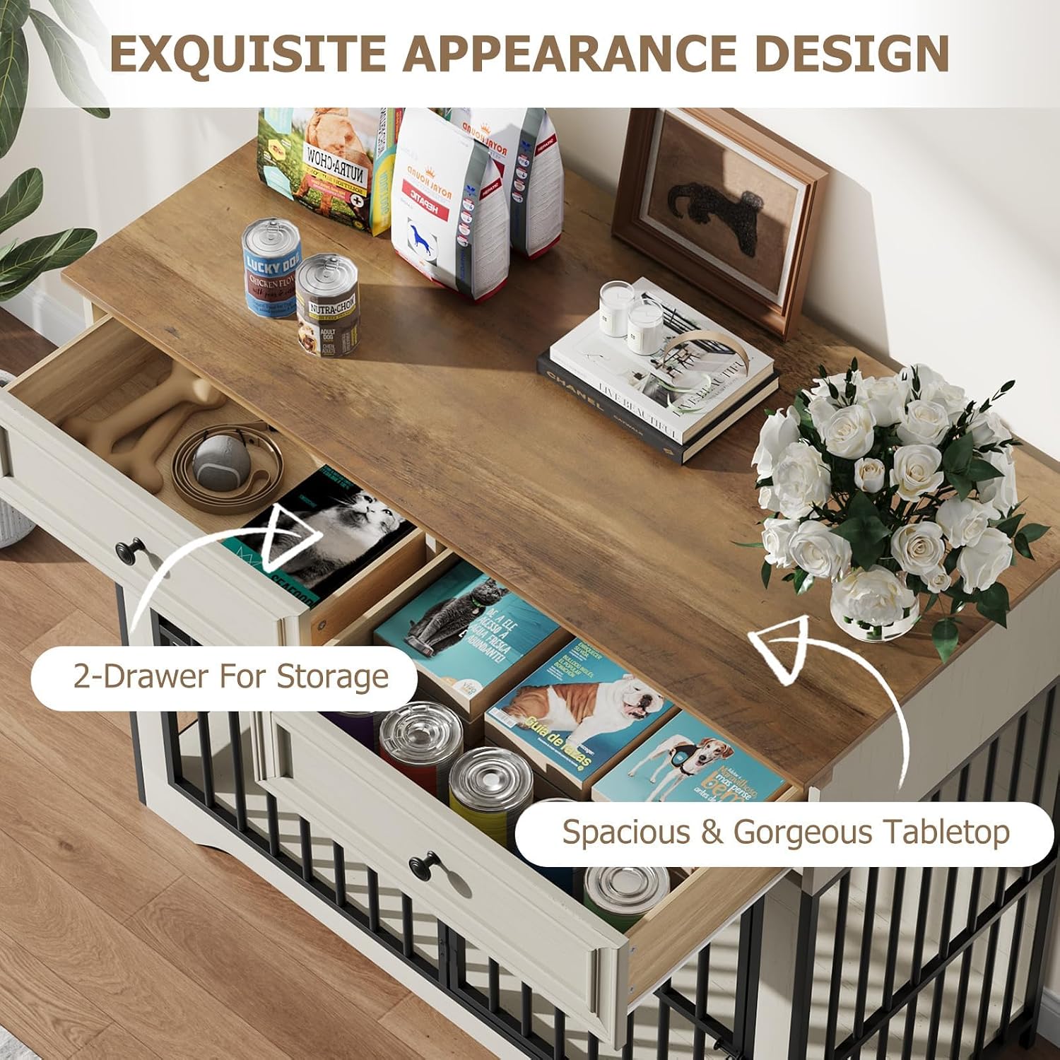 QUW 42' Modern Dog Crate Furniture, Wooden Dog Kennel for Medium to Large with 360° Rotating & 3-Levels Adjustable Height Dogs Bowl Holder, Decorative Dogs cage Pet House Indoor, Antique White
