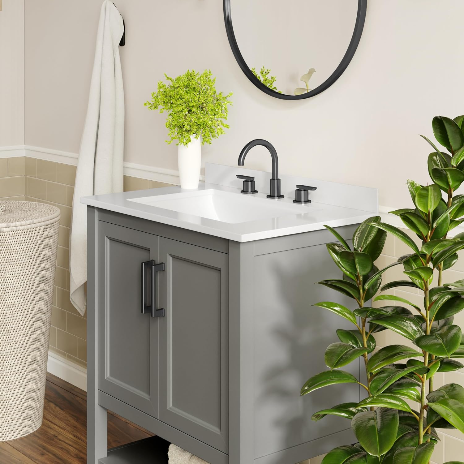 Flash Furniture Vega 30 Inch Bathroom Vanity with Sink Combo, Storage Cabinet with Soft Close Doors and Open Shelf, Carrara Marble Finish Countertop, Gray/White