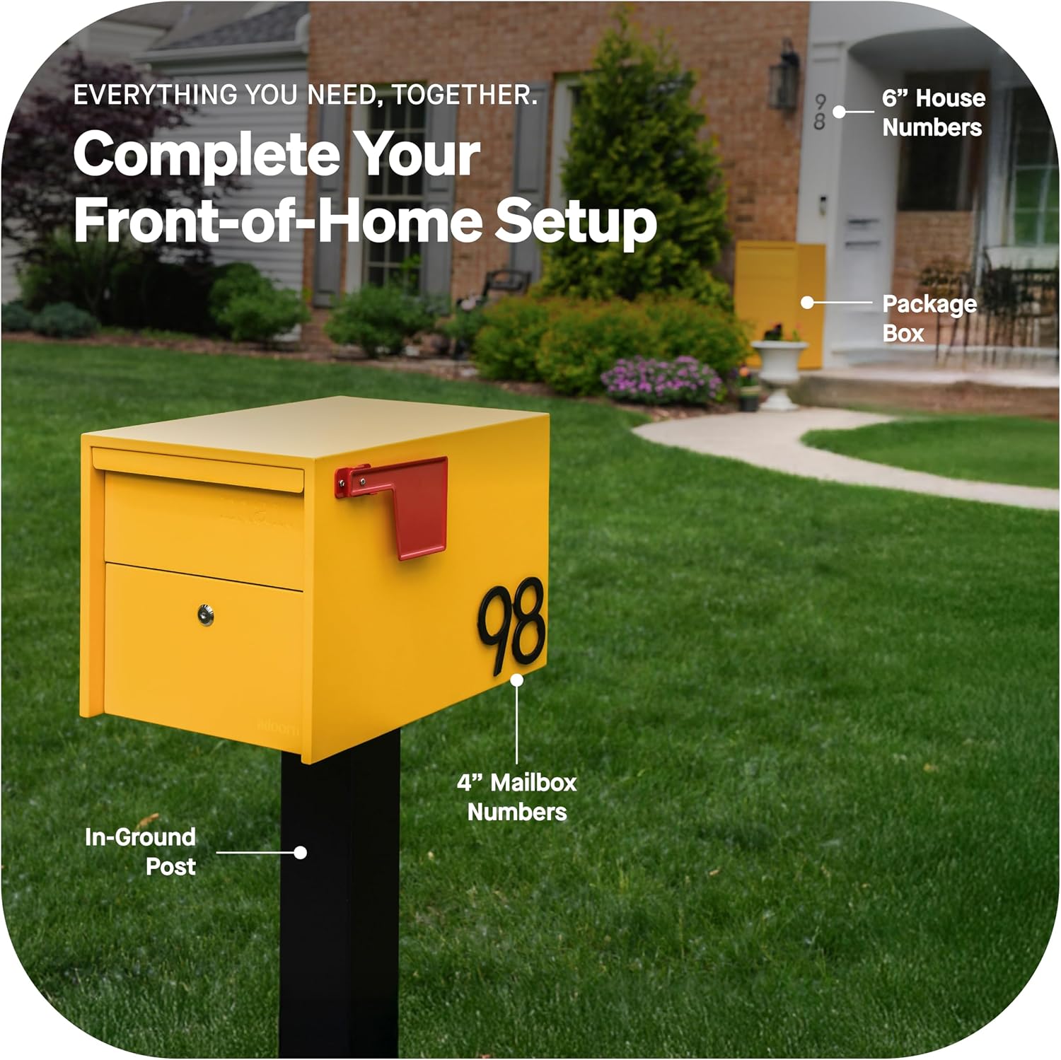 Adoorn Lockable Post Mount Mailboxes for Outside - Small Anti-Theft Locking Mailbox for Packages and Letters - Weatherproof Construction - Durable Steel - 12' H x 12' W x 18.5' D - Yellow
