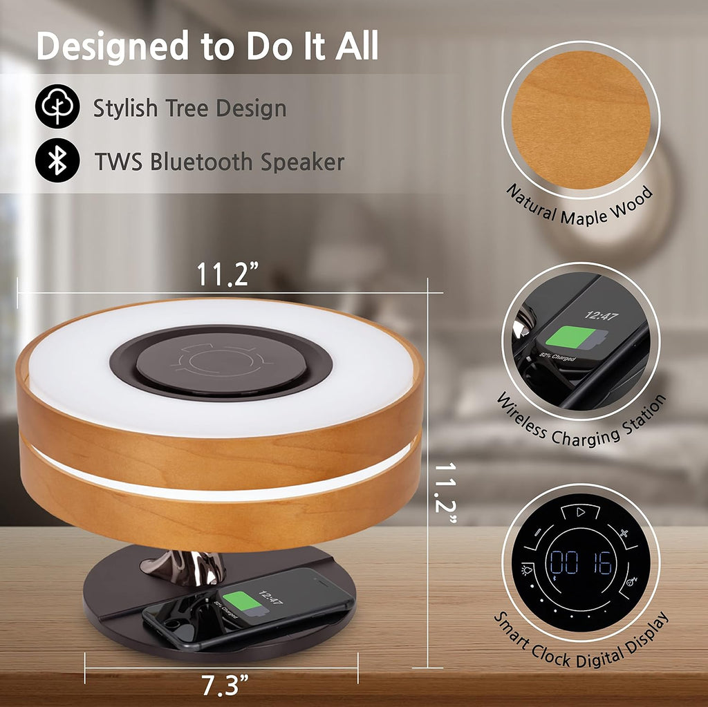 Dawn Lamp Modern Desk Lamp Multifunctional with Adjustable Light Settings, TWS Bluetooth Speaker, Wireless Charger, Touch Controls, for Home Office, Dorm Decor, Bedroom